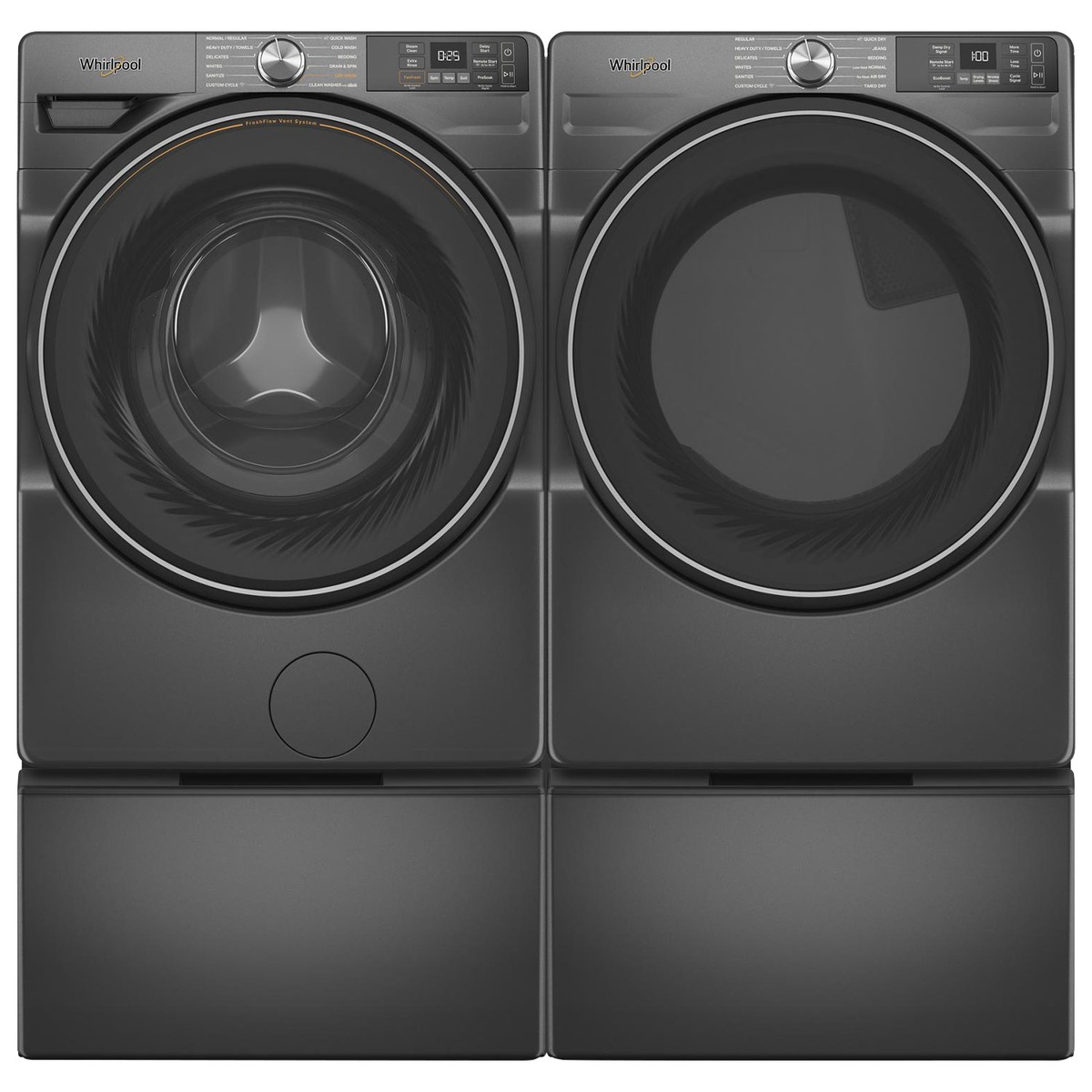 Front‑load washer and dryer installed on matching Whirlpool pedestals for elevated access
