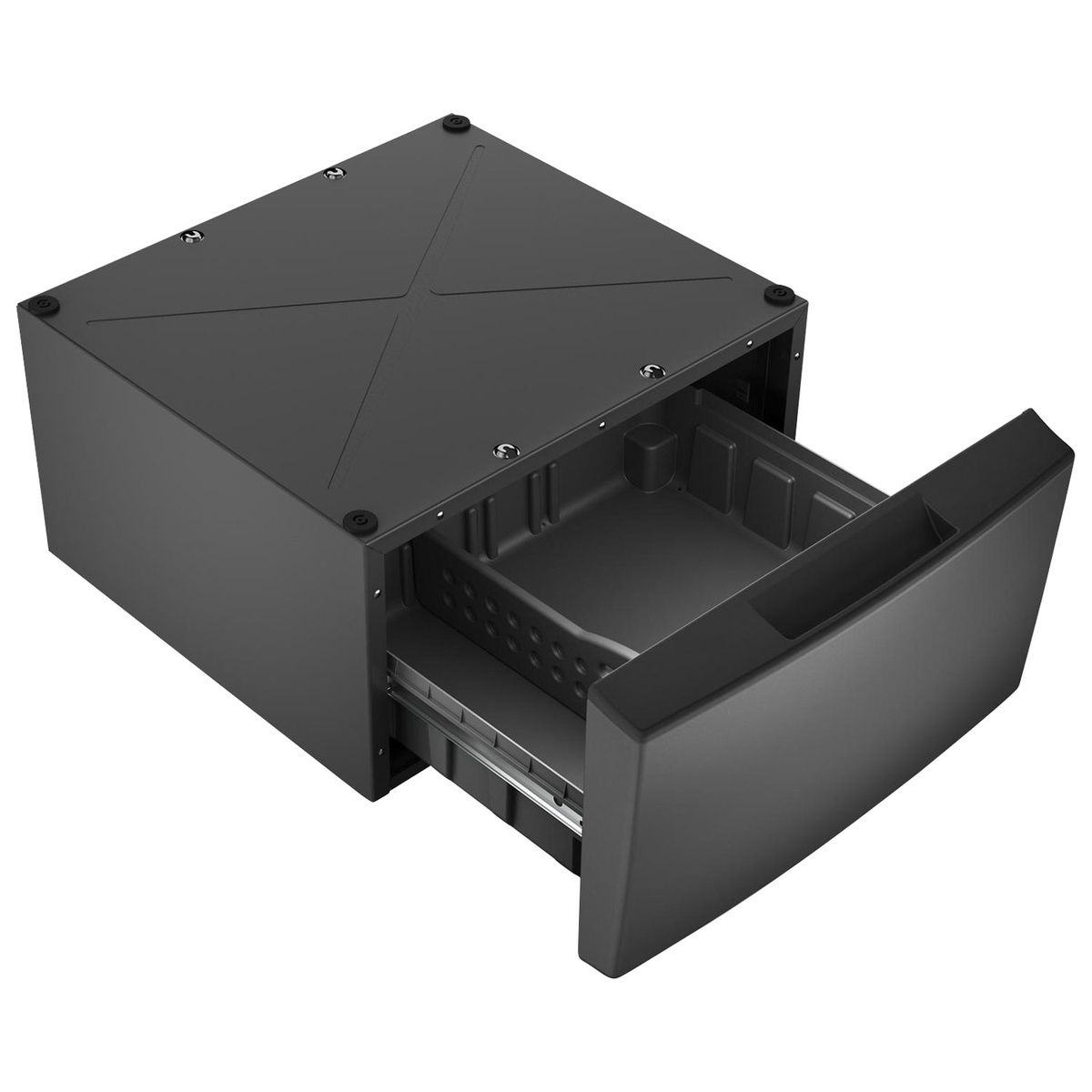 Open storage drawer inside Whirlpool laundry pedestal showing dividers and smooth‑glide rails