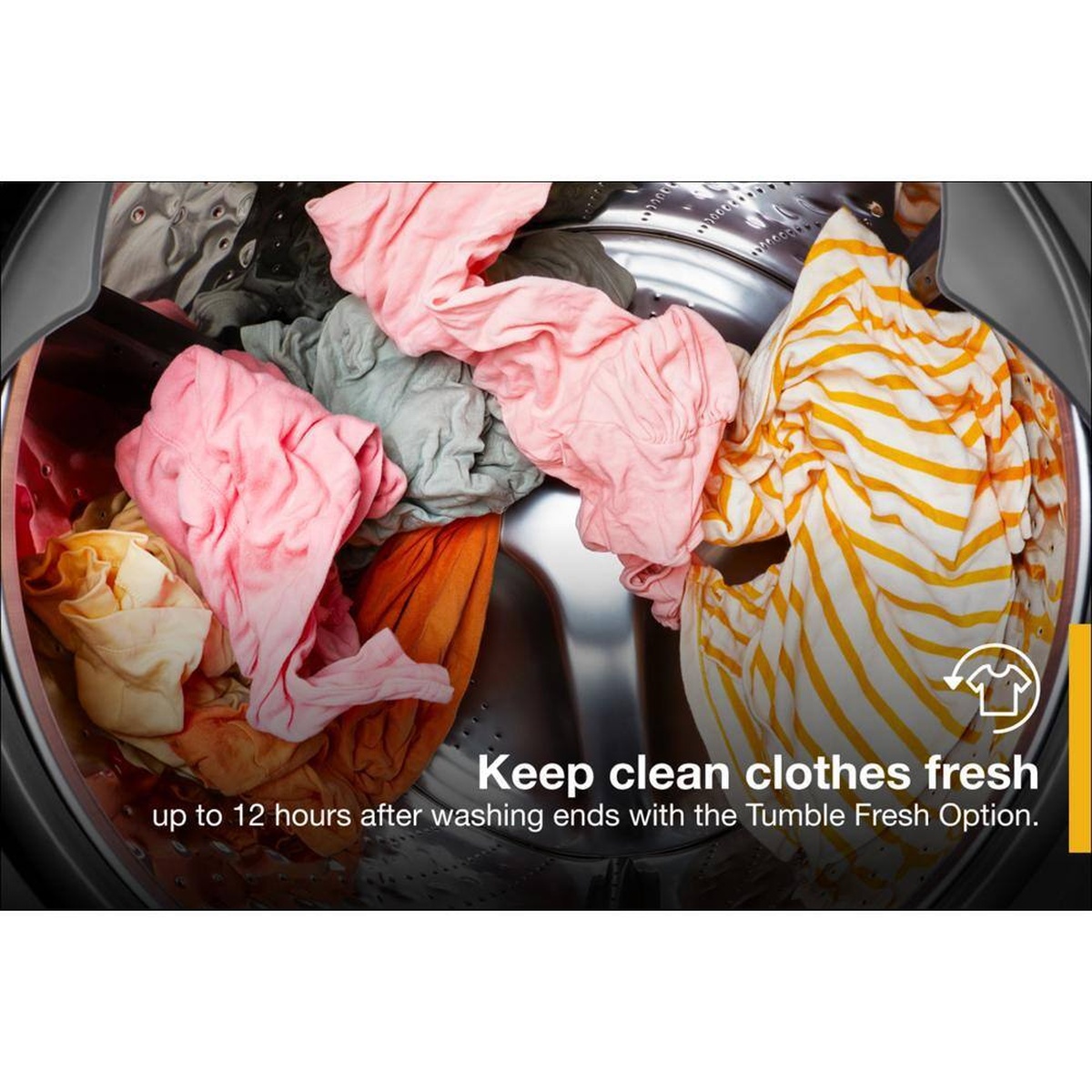 Clothes tumbling inside the stainless steel drum illustrating Tumble Fresh option.
