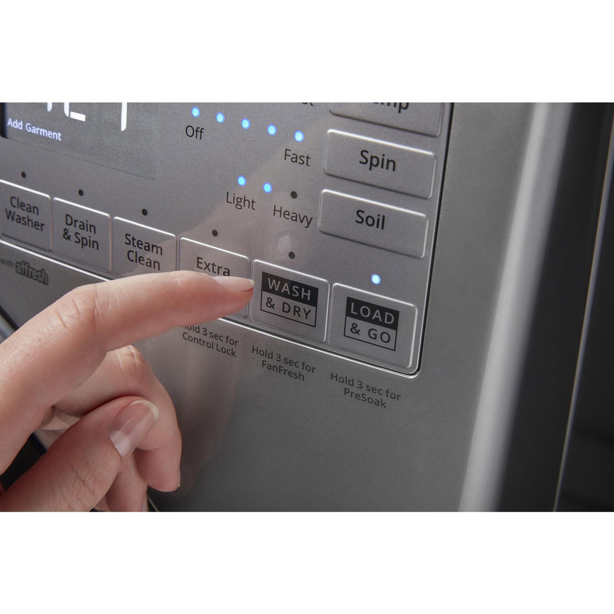 Finger selecting the Wash & Dry and other options on the WFW8620HC control panel