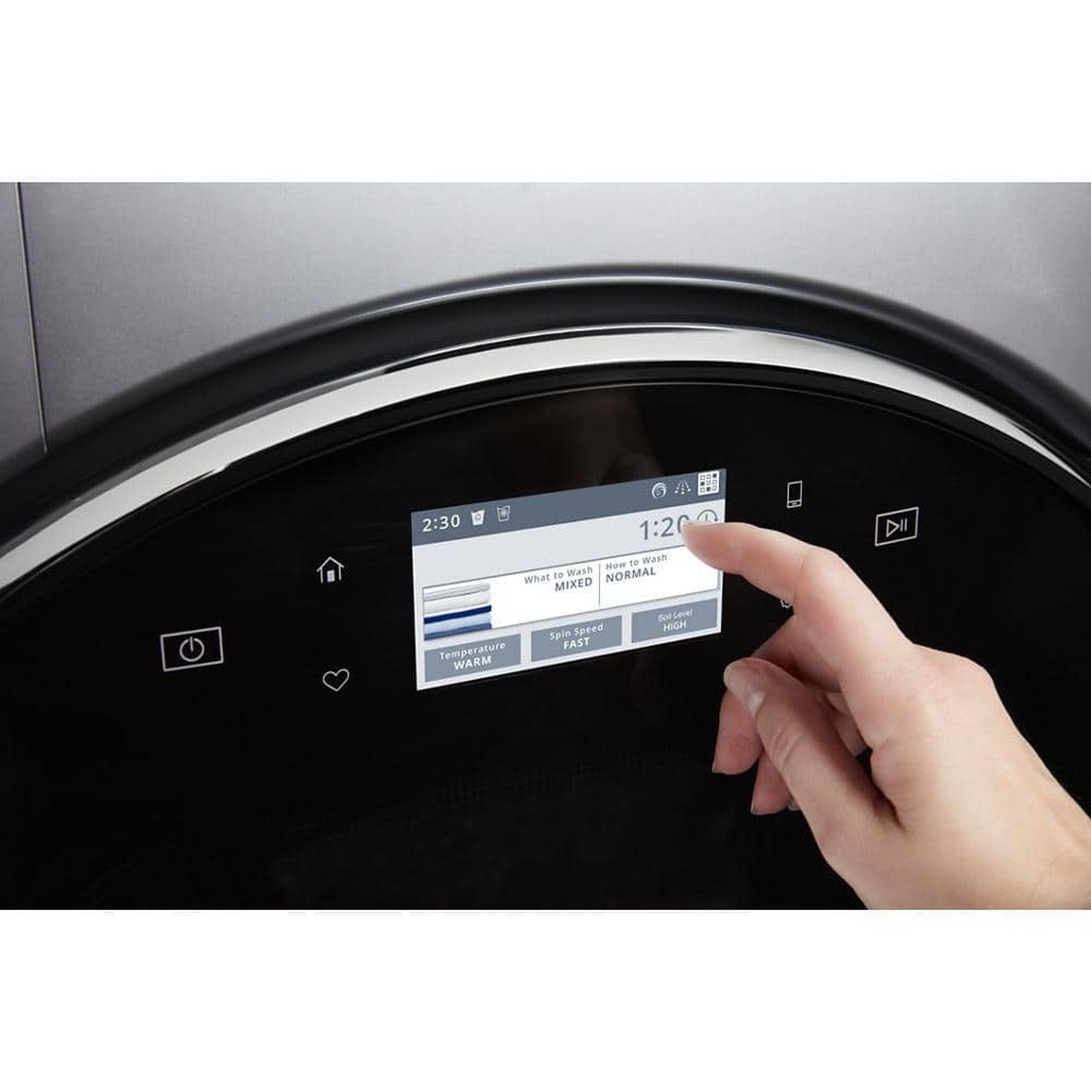 Close-up of Whirlpool washer touchscreen with a hand selecting cycle options