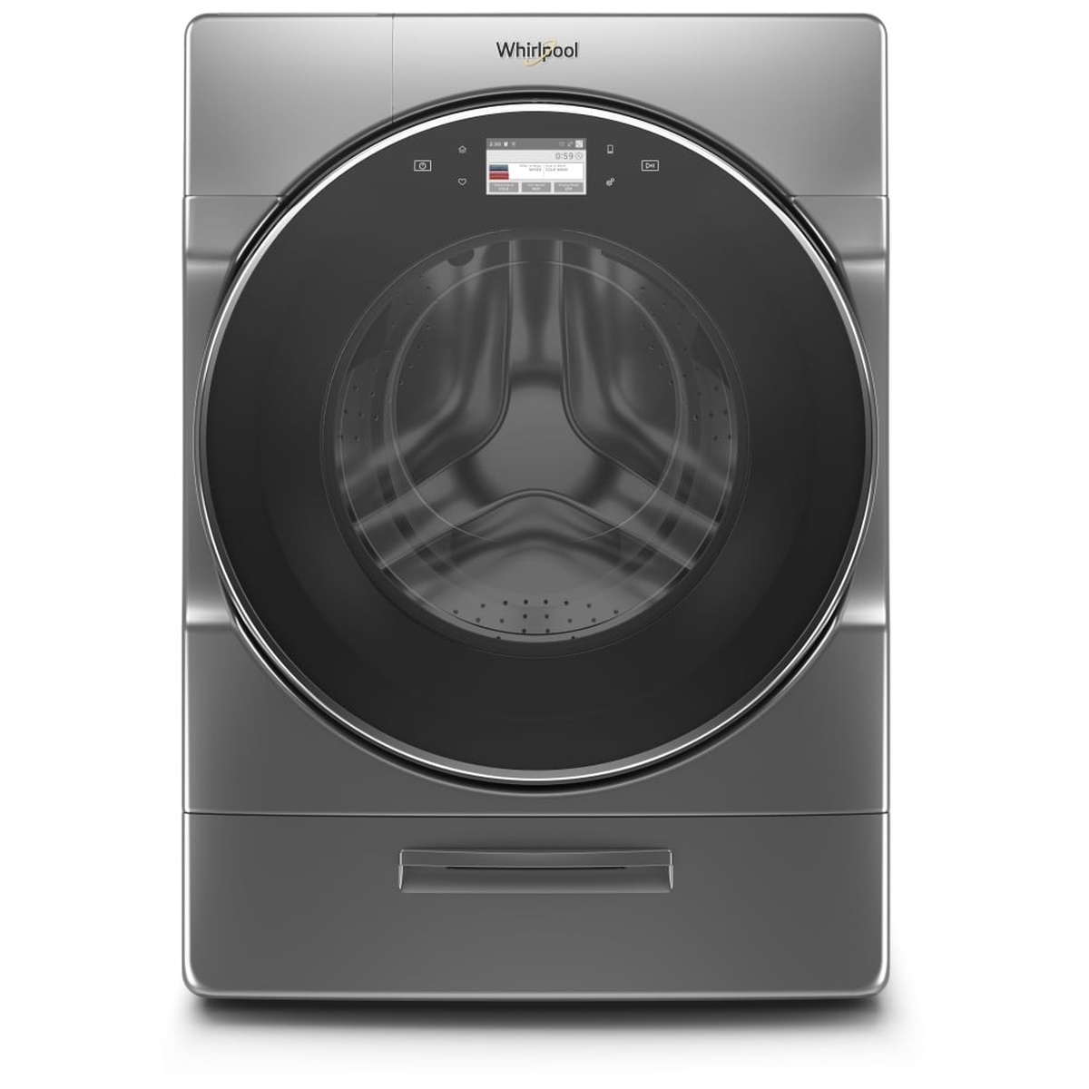 Front view of Whirlpool washer in Chrome Shadow with touchscreen display