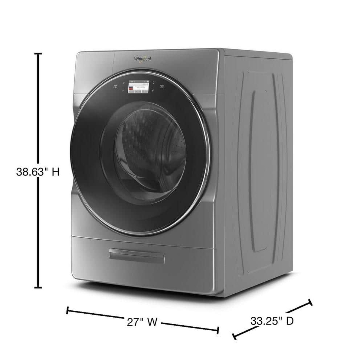 Washer angled view with callouts showing dimensions: 38.63 inches high, 27 inches wide, 33.25 inches deep