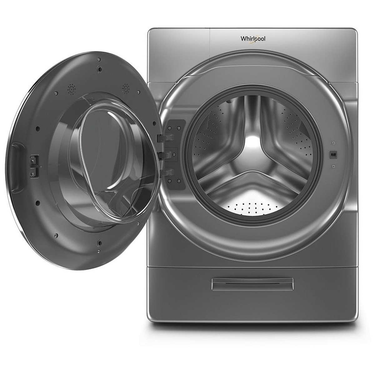 Open washer door showing spacious stainless steel drum