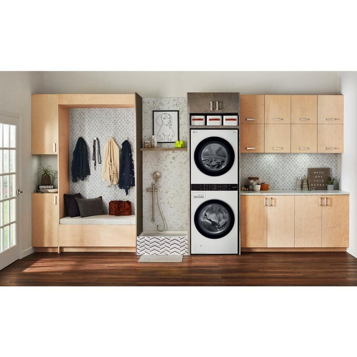 LG WashTower installed in a modern laundry-mudroom, showing space-saving single unit.
