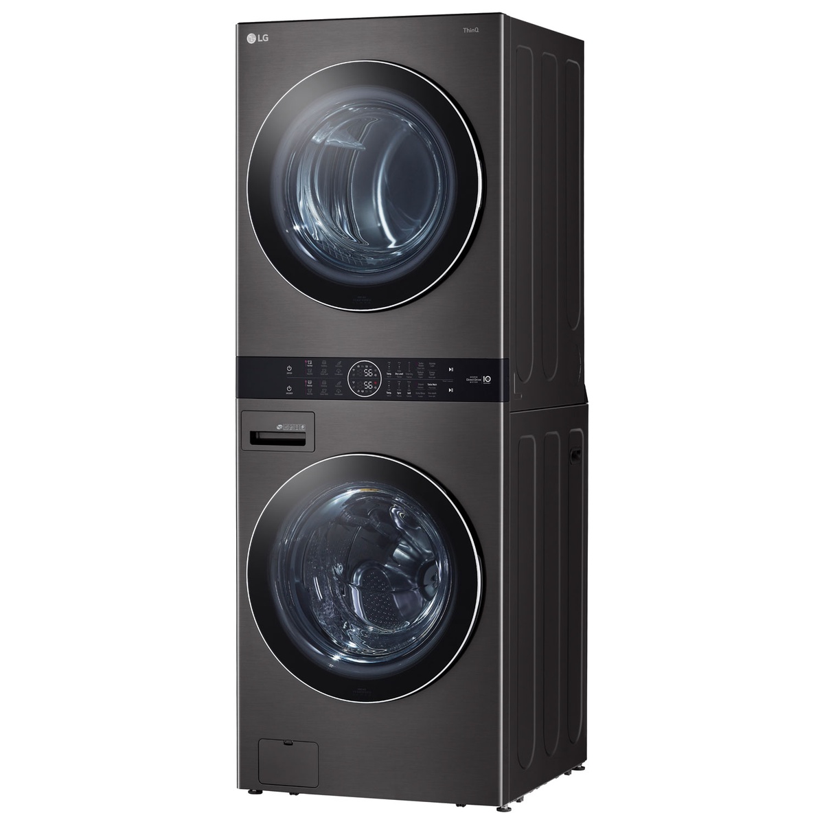 LG WashTower angled view showing stacked washer and dryer with center control panel