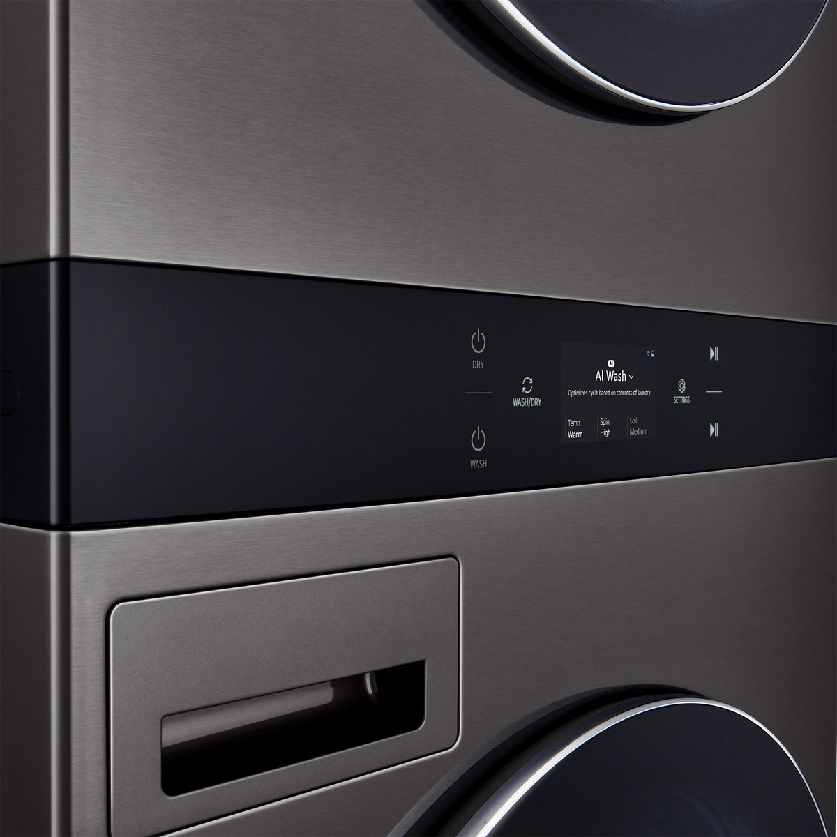 Close-up of the LG WashTower center control LCD panel with AI Wash options.
