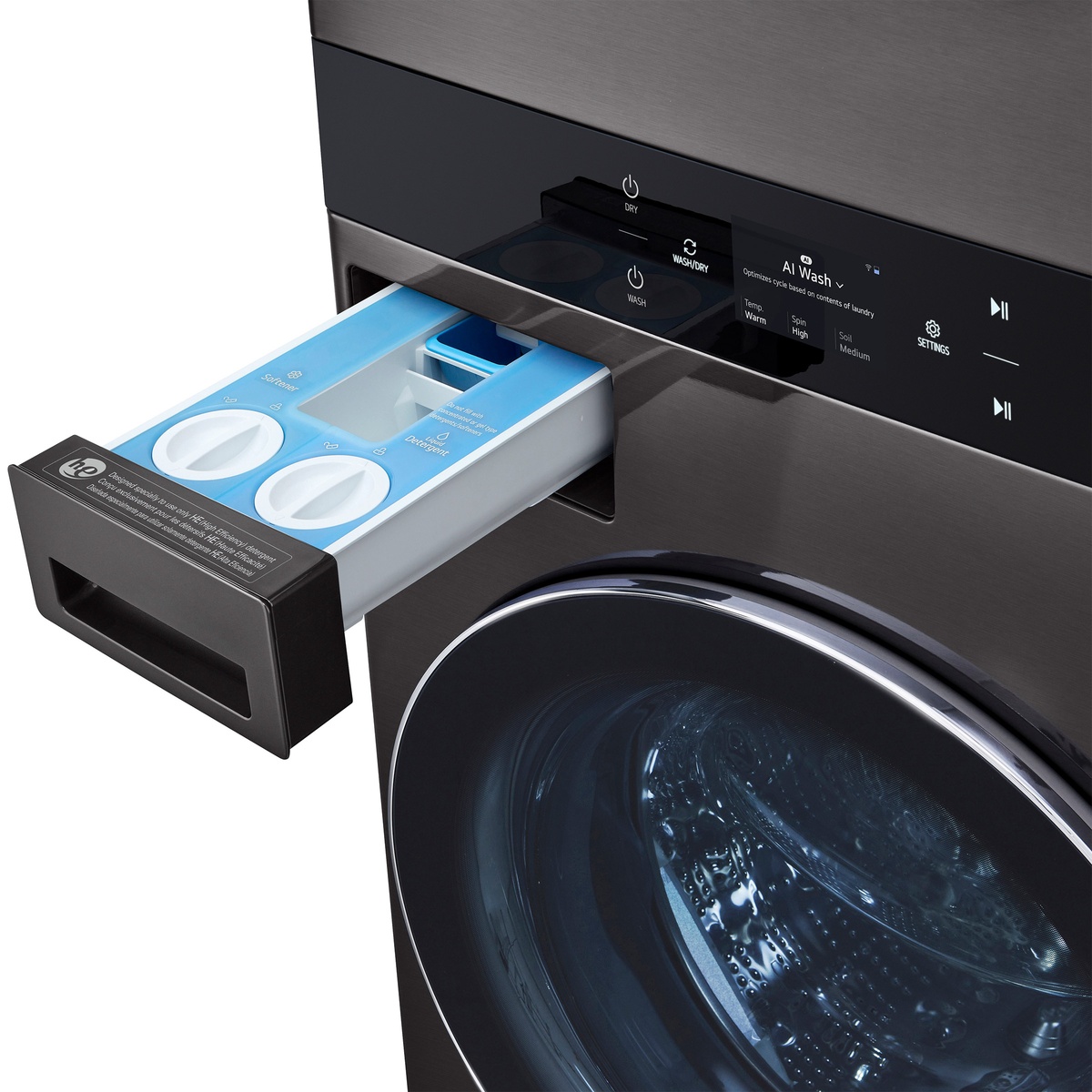 LG ezDispense detergent and softener drawer extended on the WashTower.