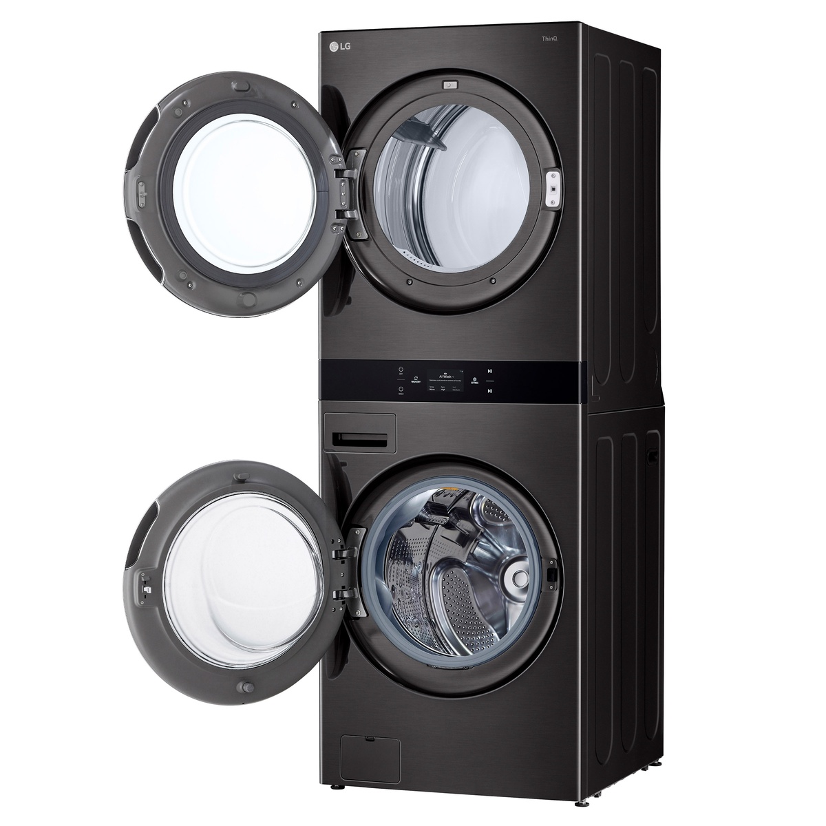 LG WashTower with both washer and dryer doors open, showing interior drums and stacked layout.