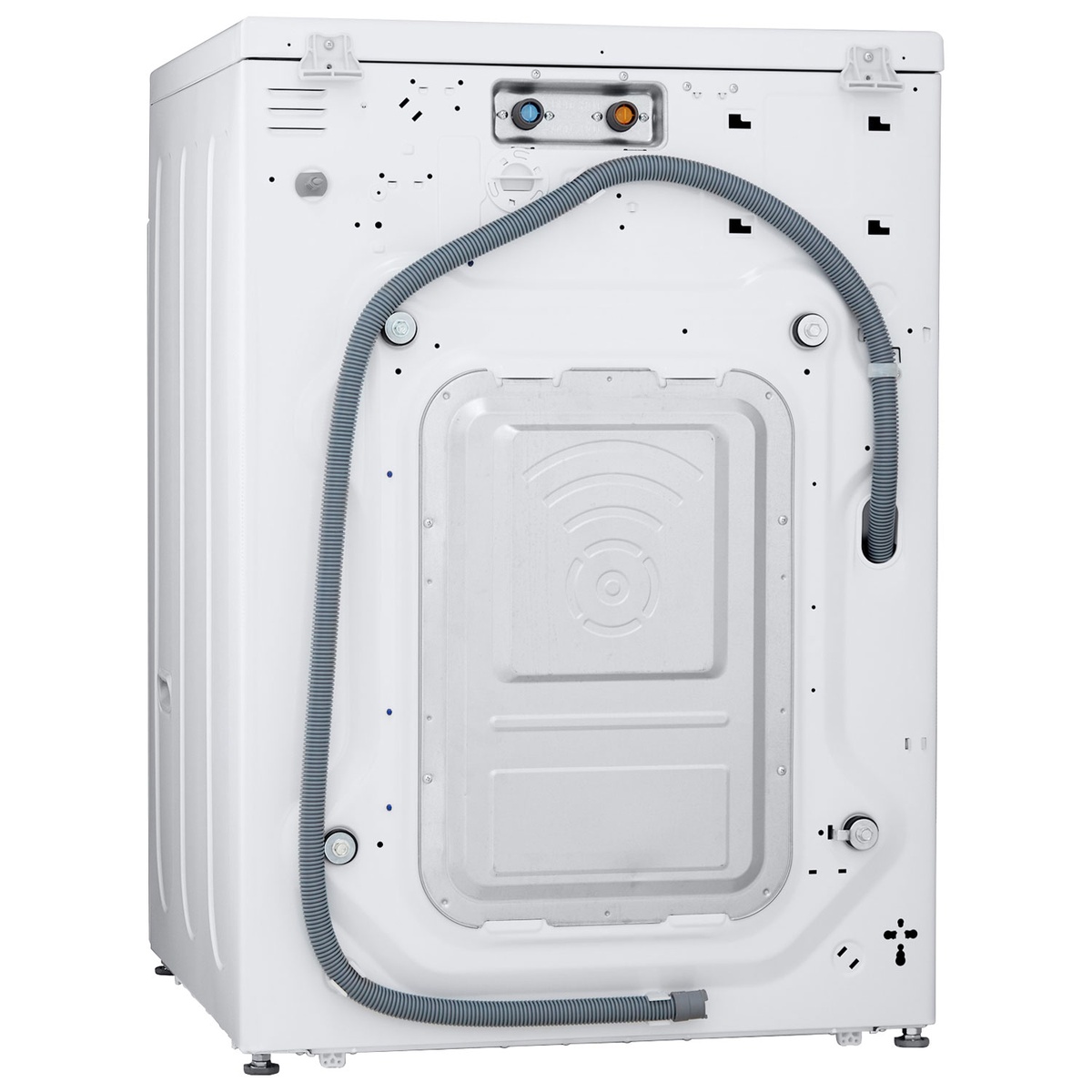 Back of LG WM3400CW washer showing water hookups and drain hose routing.