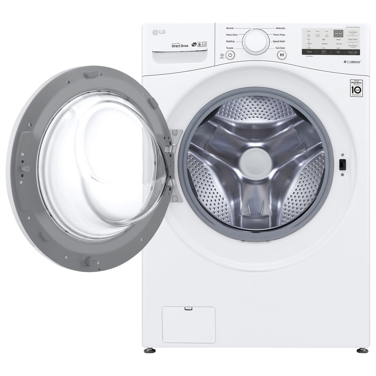LG WM3400CW washer with door fully open revealing stainless steel drum.