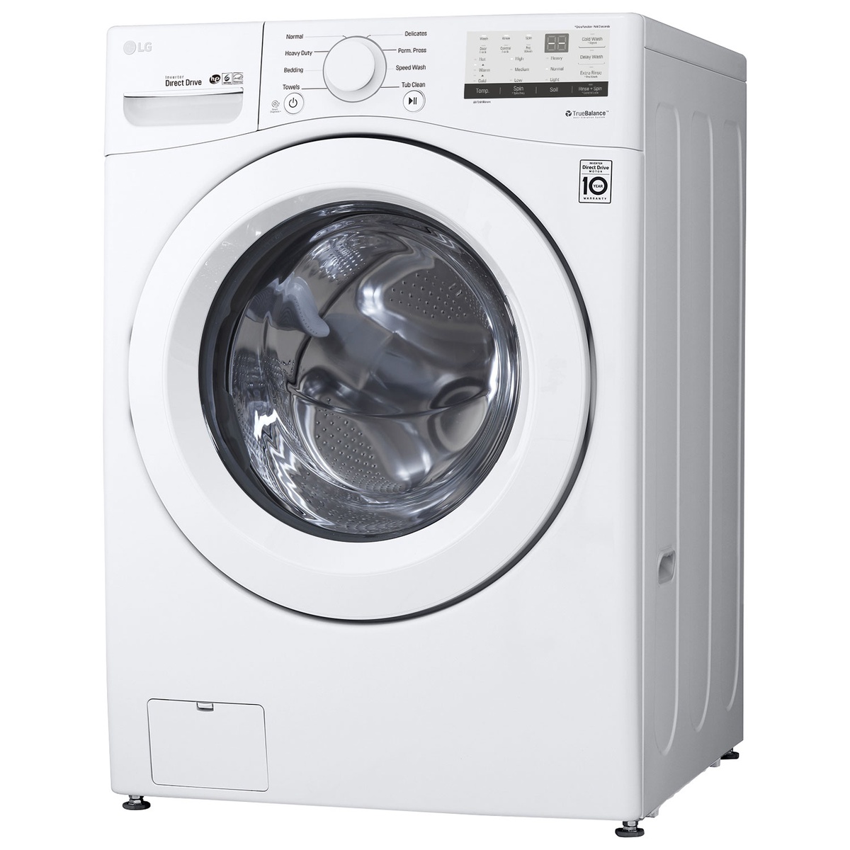 Front view of LG WM3400CW washer showing control panel and large drum.