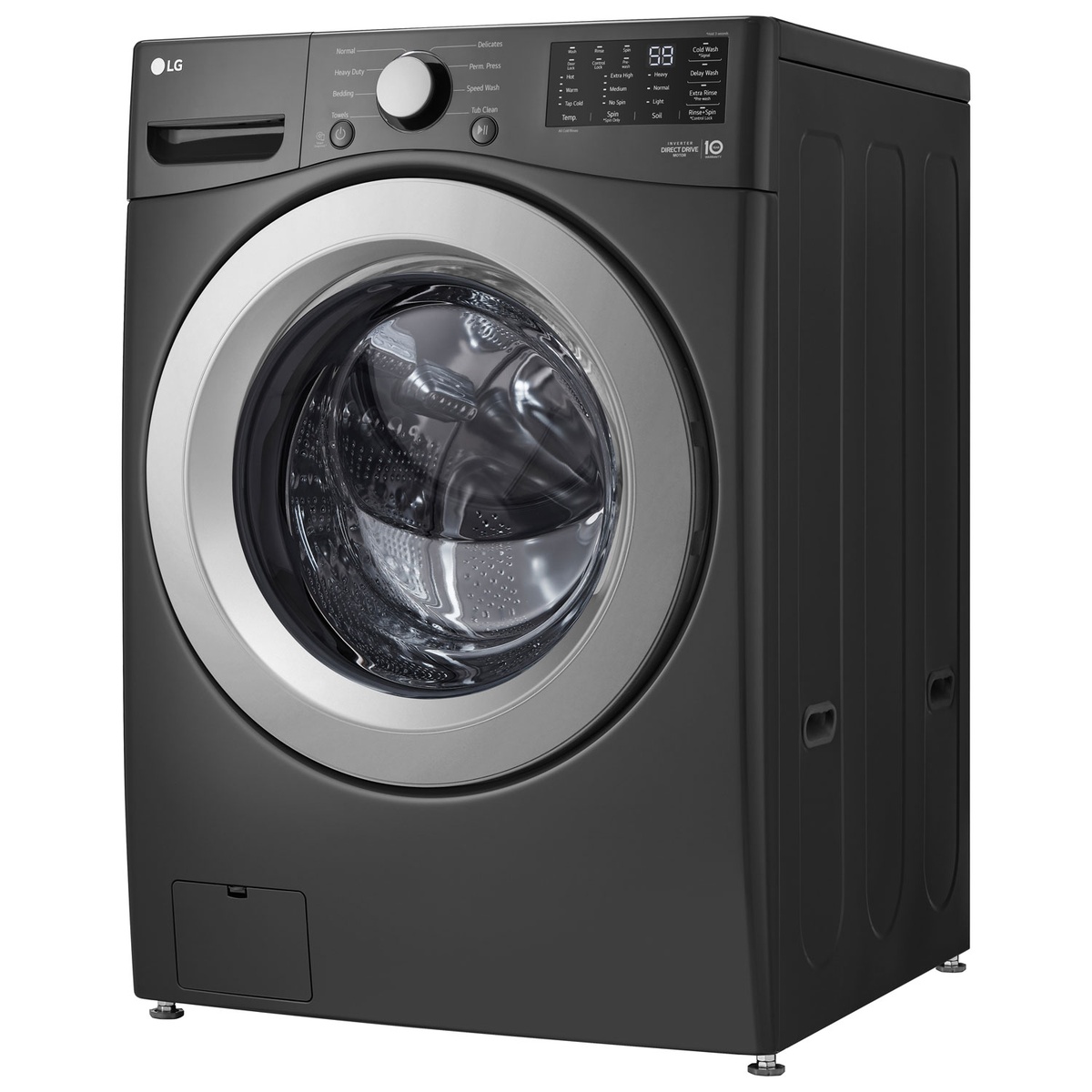 LG front-load washer in Middle Black shown at a three-quarter angle with control panel and door.