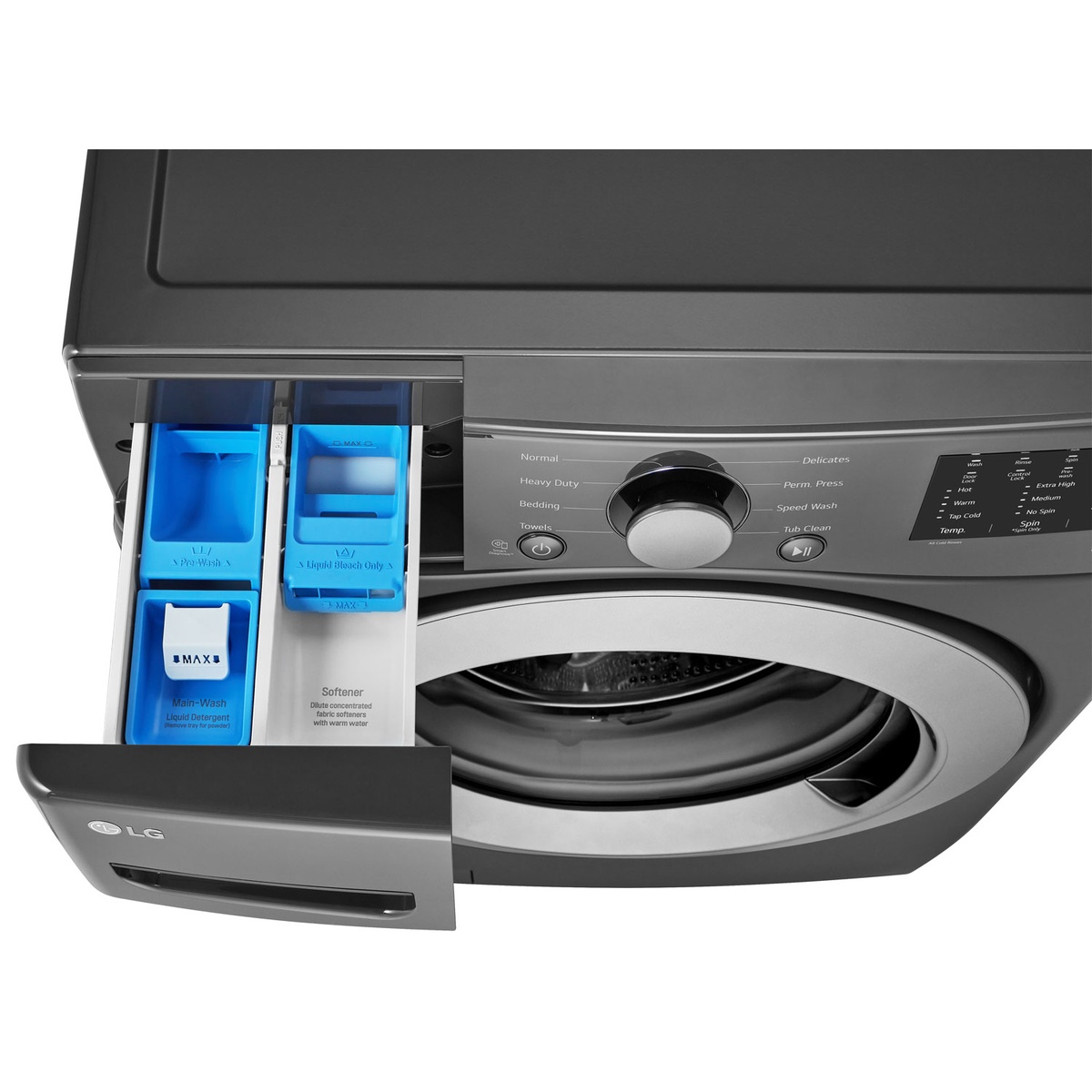 Detergent drawer with compartments for pre-wash, main wash, and softener.
