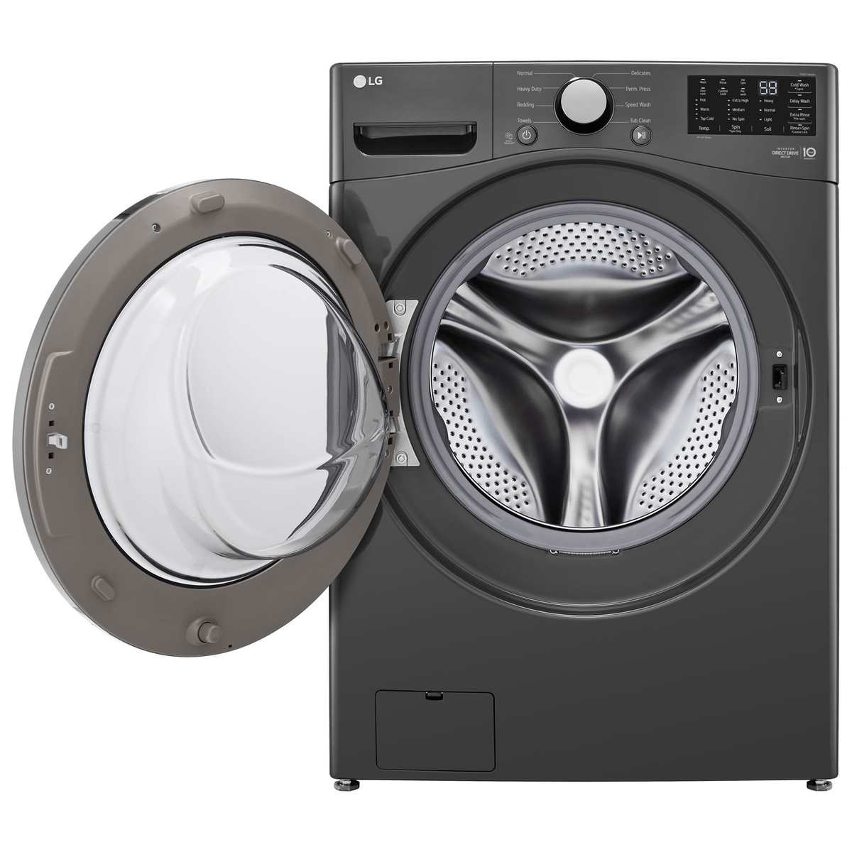 Washer door open showing spacious stainless steel drum.