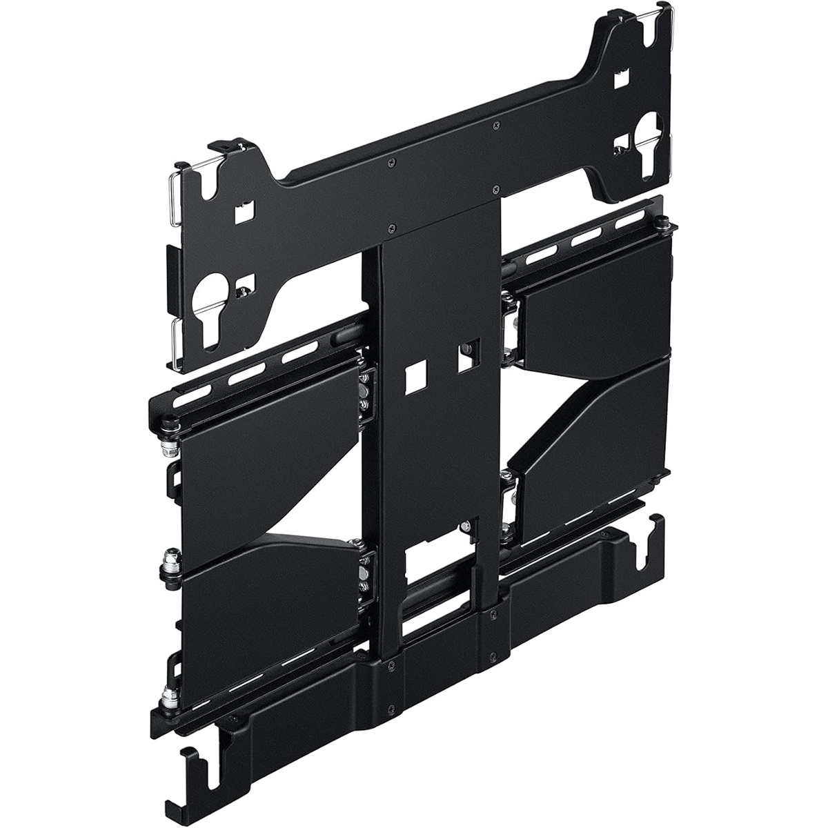 Angled view of wall mount folded against the wall highlighting compact, sturdy panels and safety clips