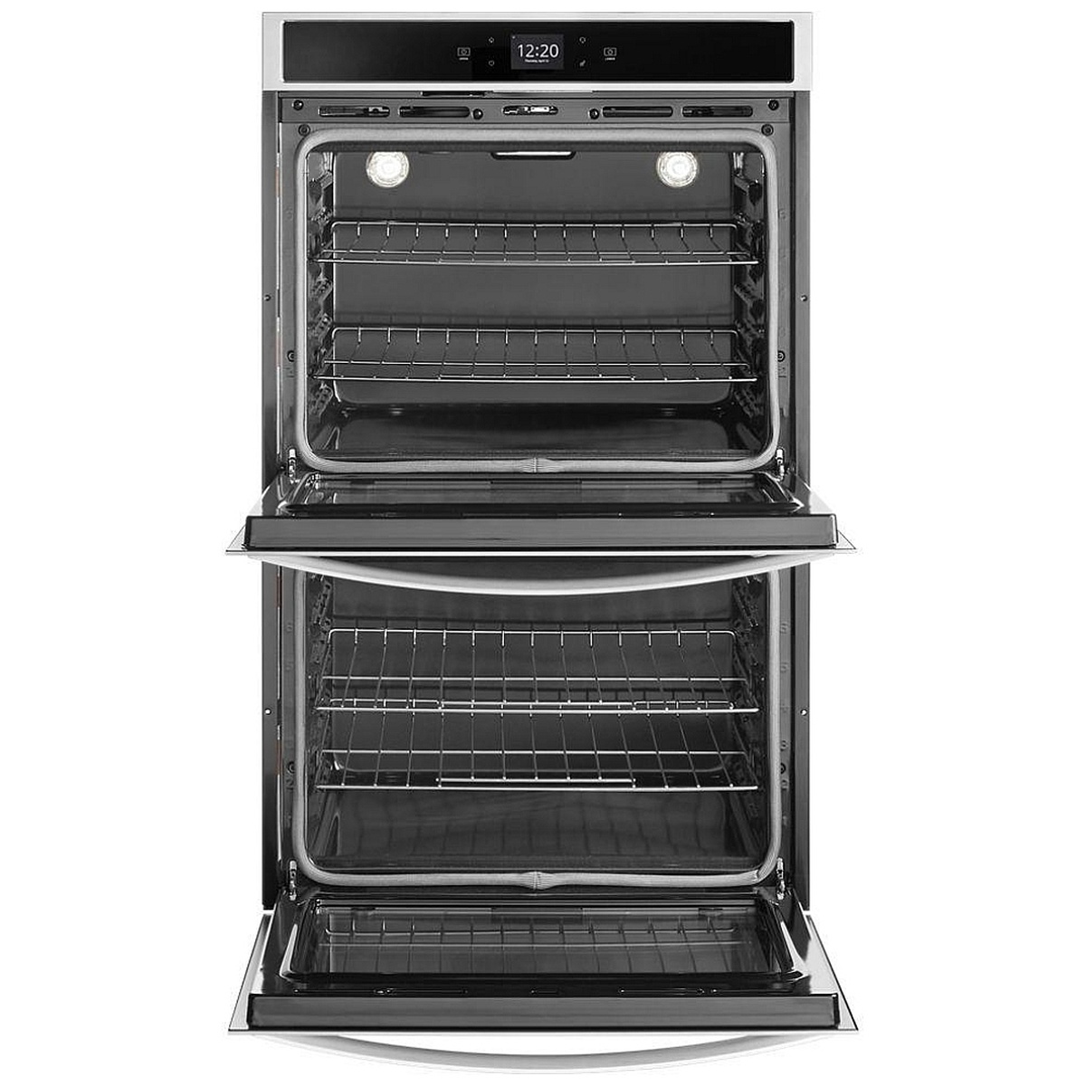 Both oven cavities open showing multiple racks and bright interior lights.