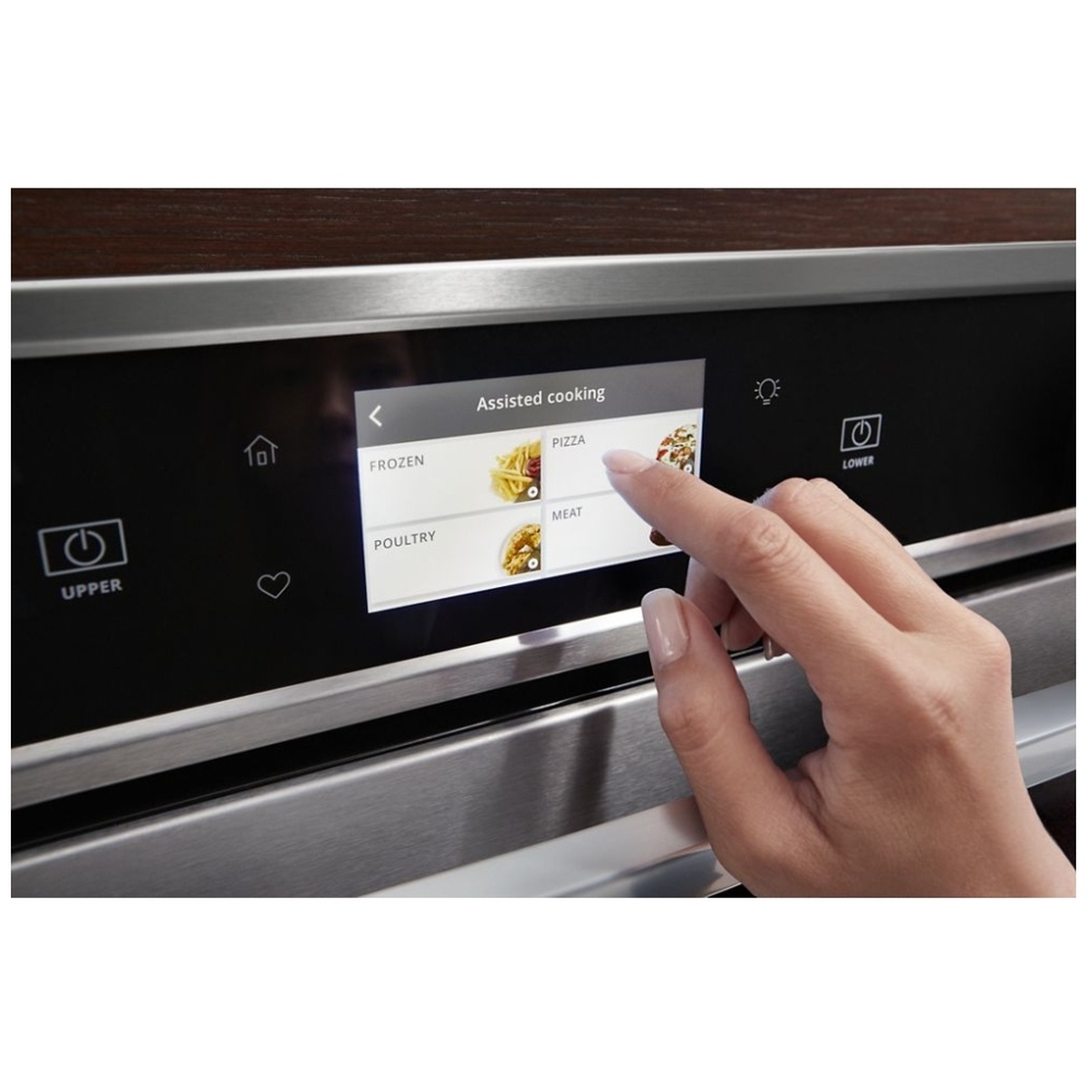 Close-up of the oven's color touchscreen showing assisted cooking options.