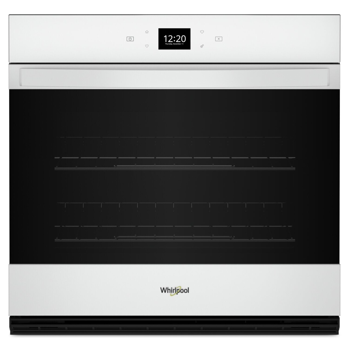 Front view of the Whirlpool 27-inch single wall oven in white with large viewing window.