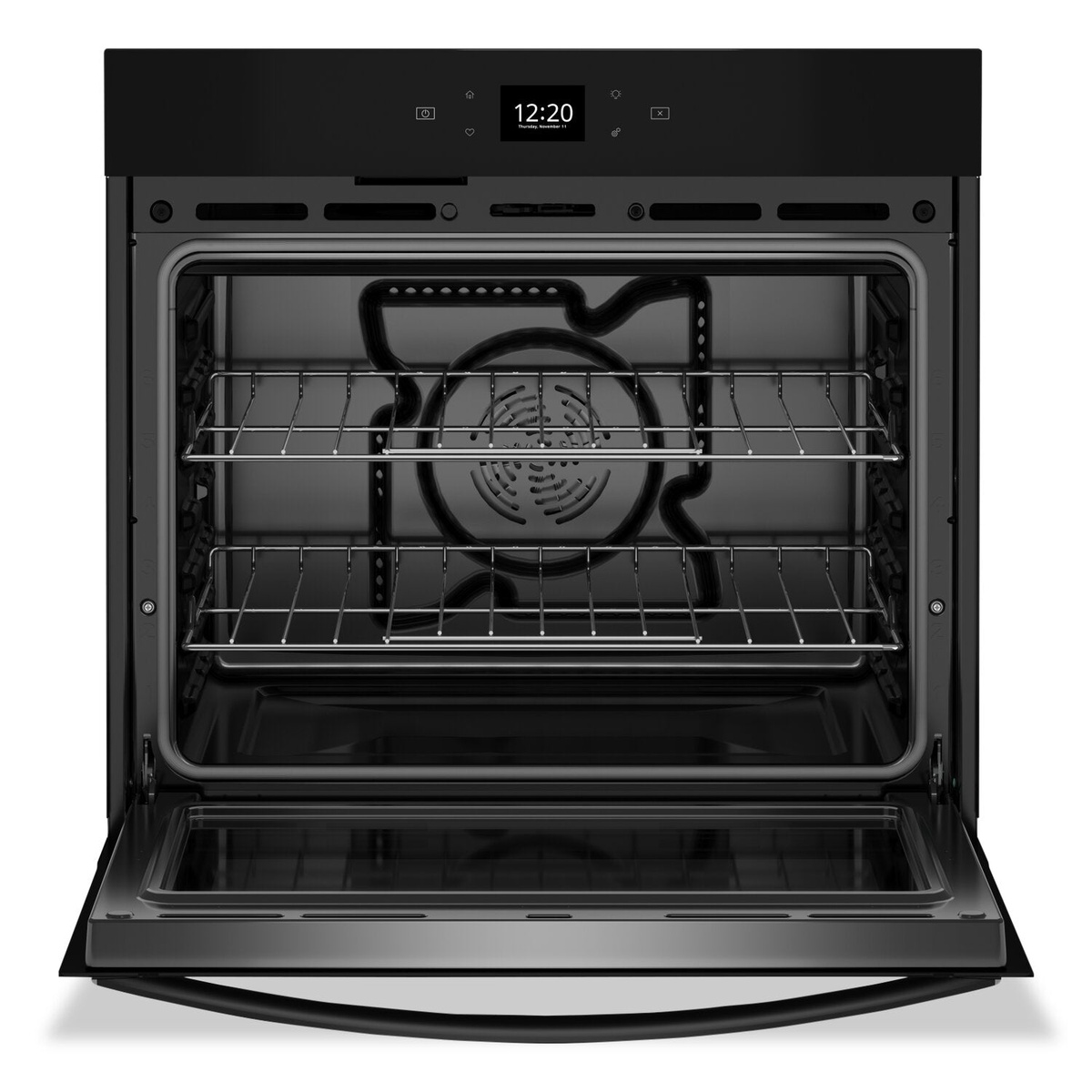 Open oven cavity showing two racks and rear convection fan