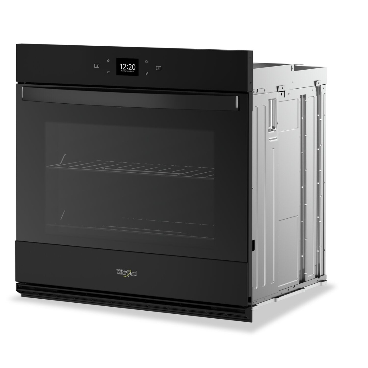 Angled view of the wall oven showing sturdy build and large door handle