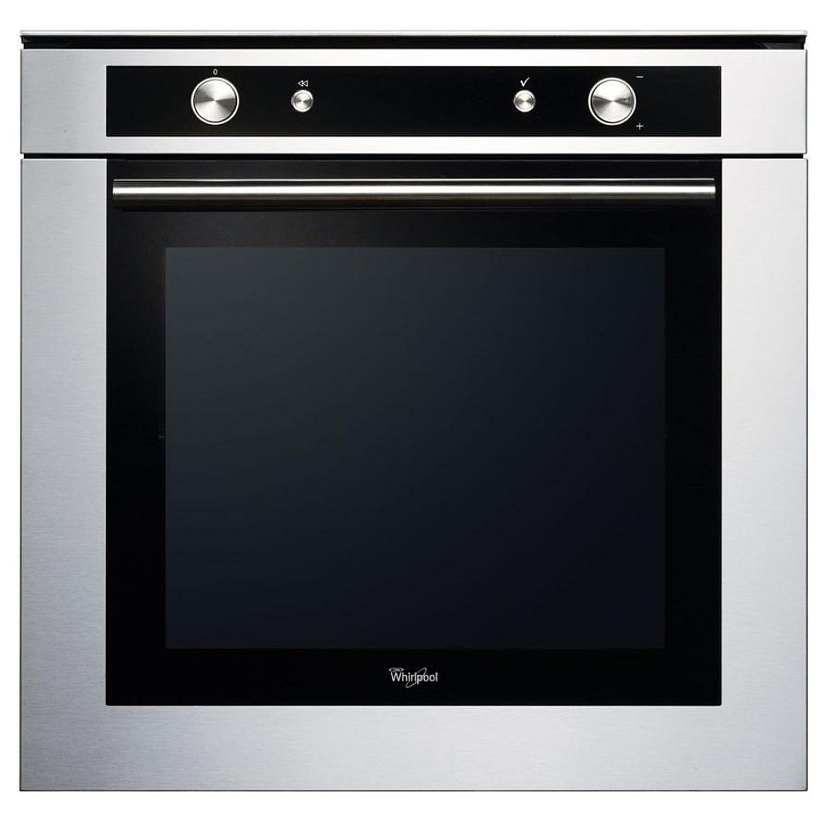 Front view of stainless steel Whirlpool 24-inch built-in wall oven with large window and bar handle