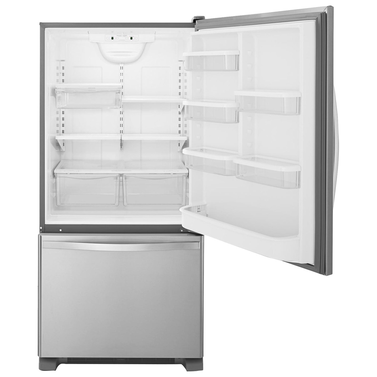 Open Whirlpool refrigerator showing adjustable shelves and door storage with bottom freezer drawer closed