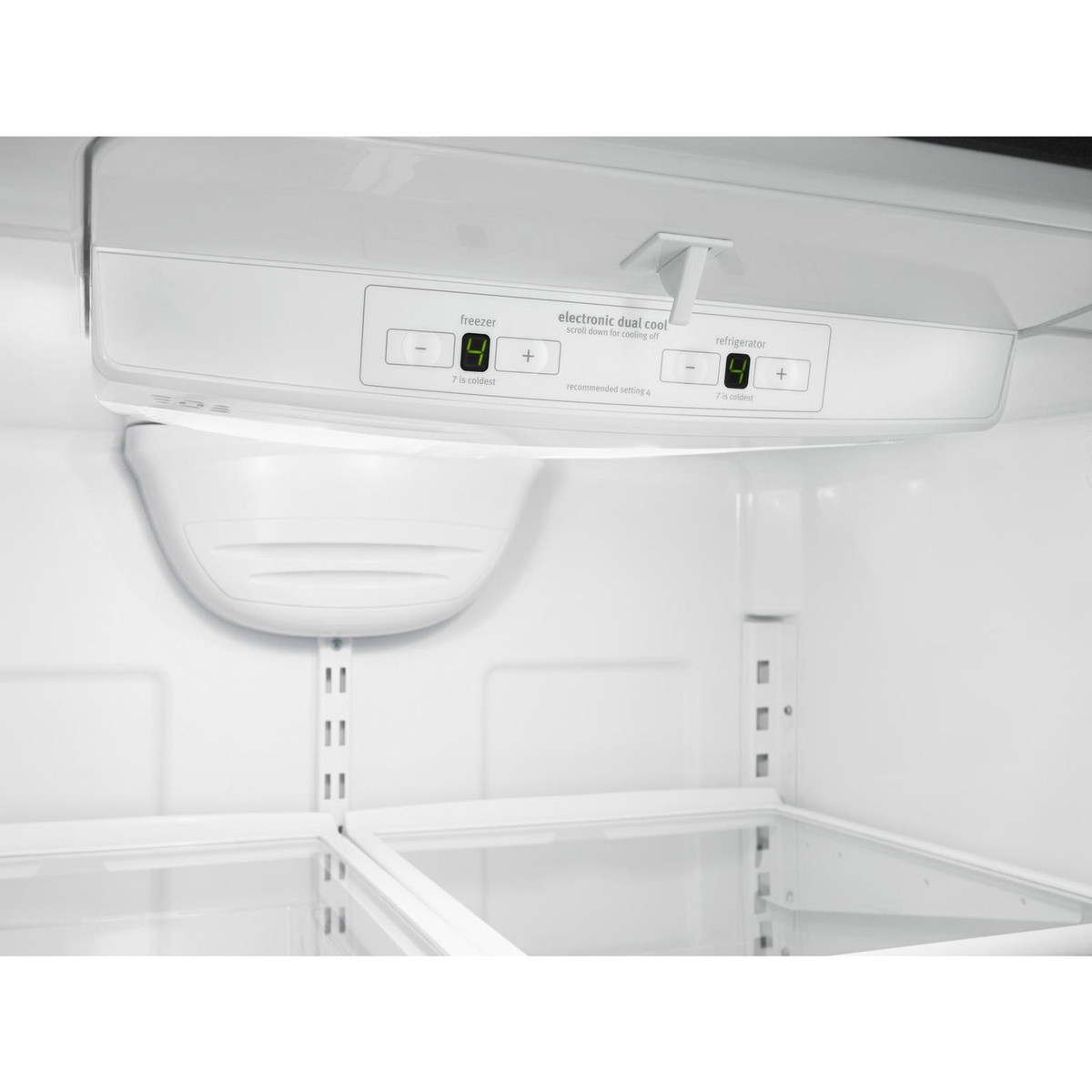 Close-up of refrigerator interior controls and LED lighting for Whirlpool model WRB329RFBM