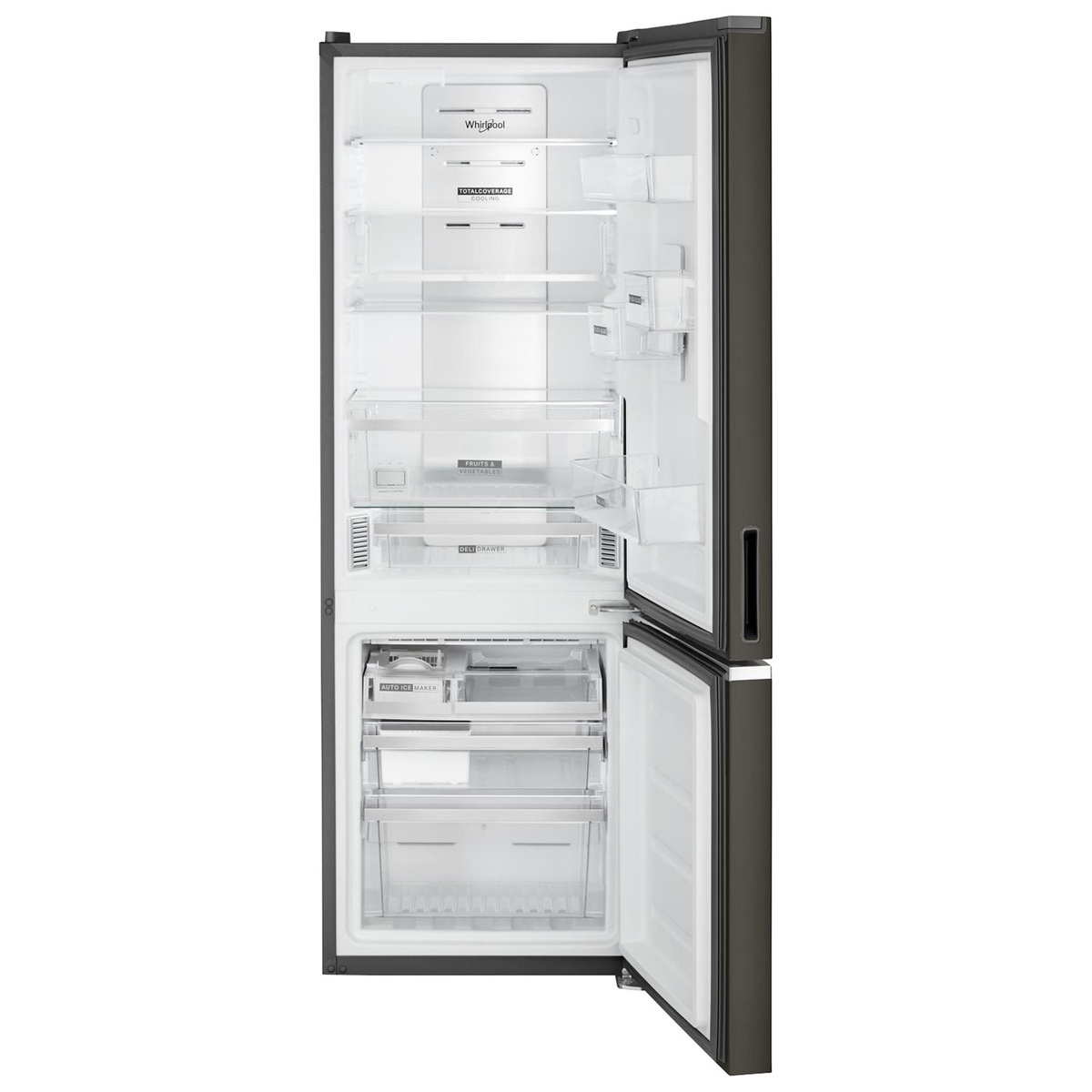 Interior view showing adjustable shelves, deli drawer and freezer drawer of the Whirlpool WRB543CMJV.