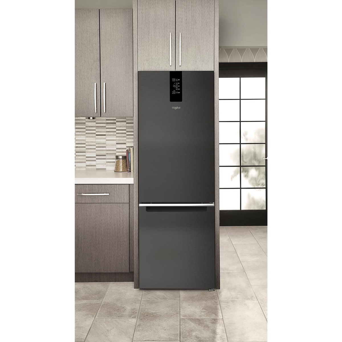 Counter‑depth refrigerator shown installed flush with cabinetry in a modern kitchen.