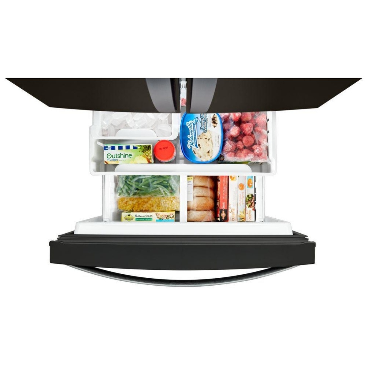 Bottom freezer drawer open with two-tier storage and ice in the bin.