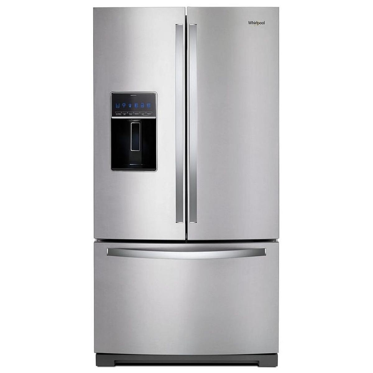 Front view of a stainless steel French door refrigerator with exterior dispenser
