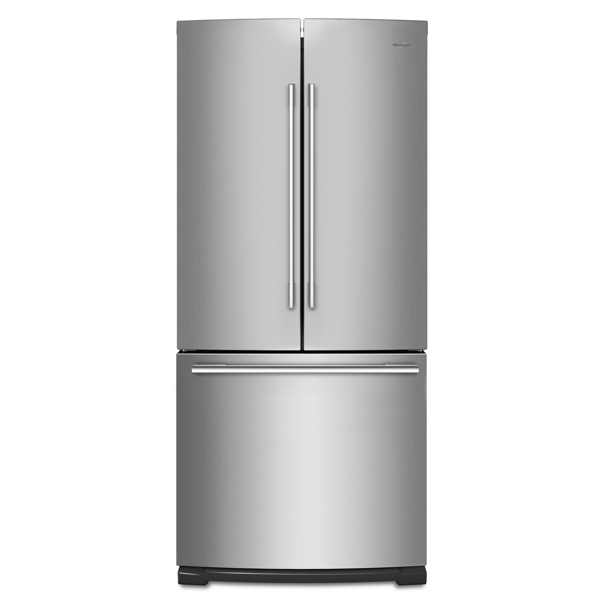 Front view of a stainless steel French door refrigerator with bottom freezer drawer