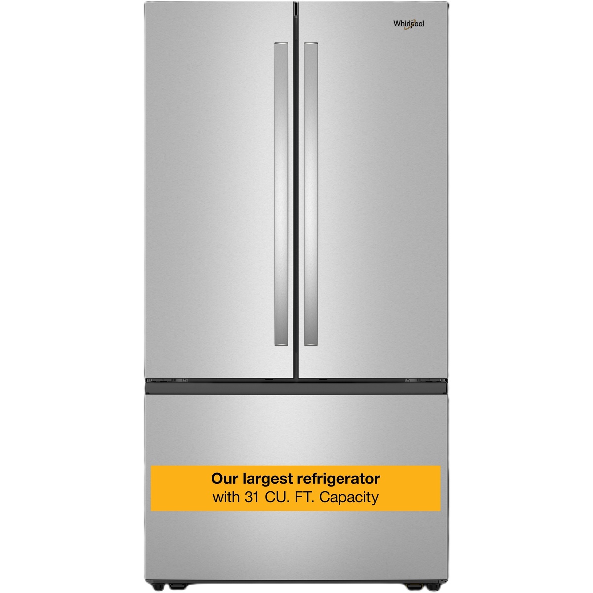 Front view of Whirlpool fingerprint-resistant stainless French door refrigerator with bottom freezer drawer