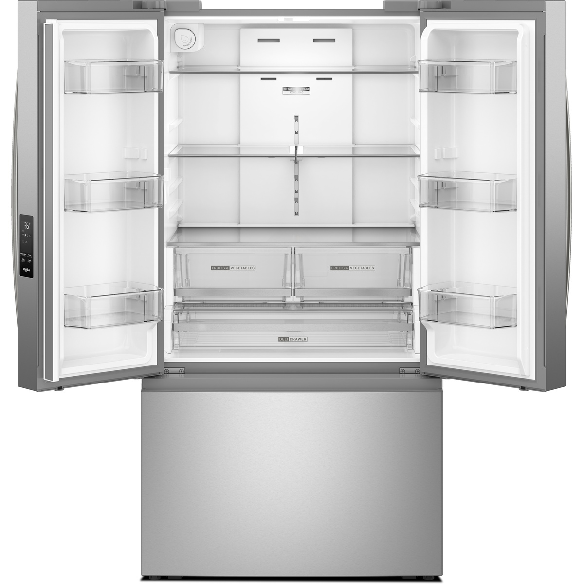 Open Whirlpool French door refrigerator showing adjustable glass shelves, door bins, and drawers