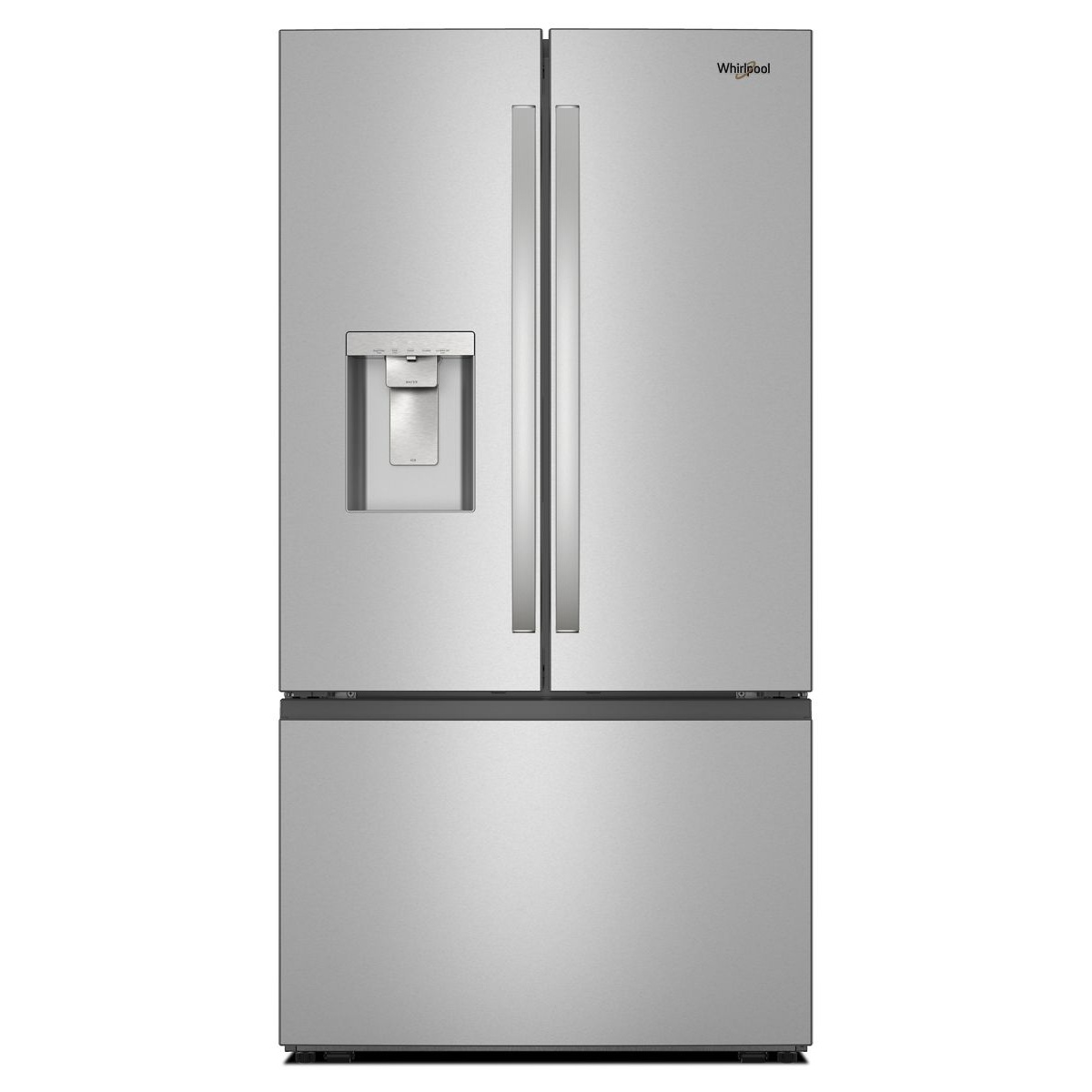 Front view of a stainless steel Whirlpool French door refrigerator with an in-door dispenser