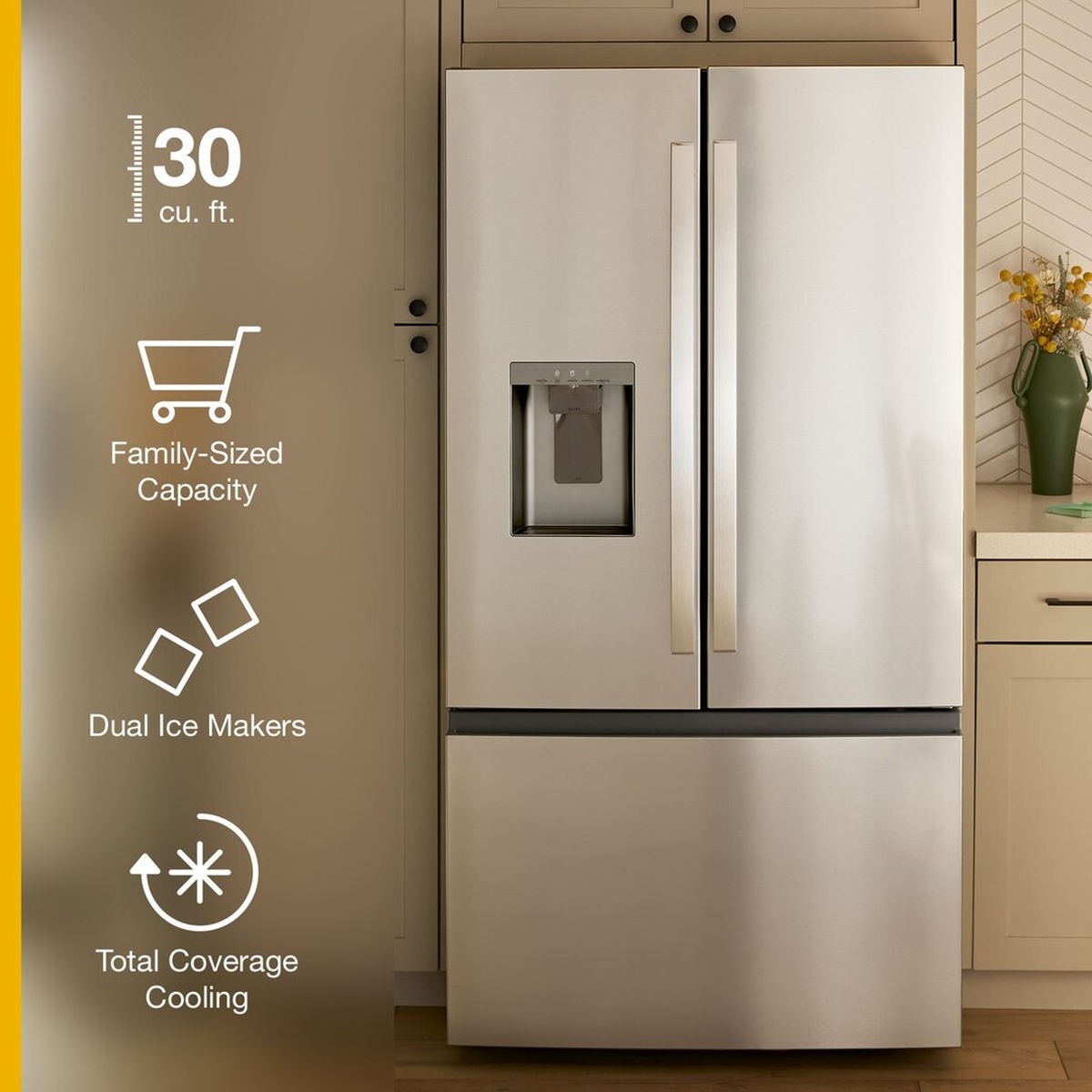 Whirlpool French door refrigerator in a kitchen with on-image callouts for 30 cu. ft. capacity, dual ice makers, and Total Coverage Cooling