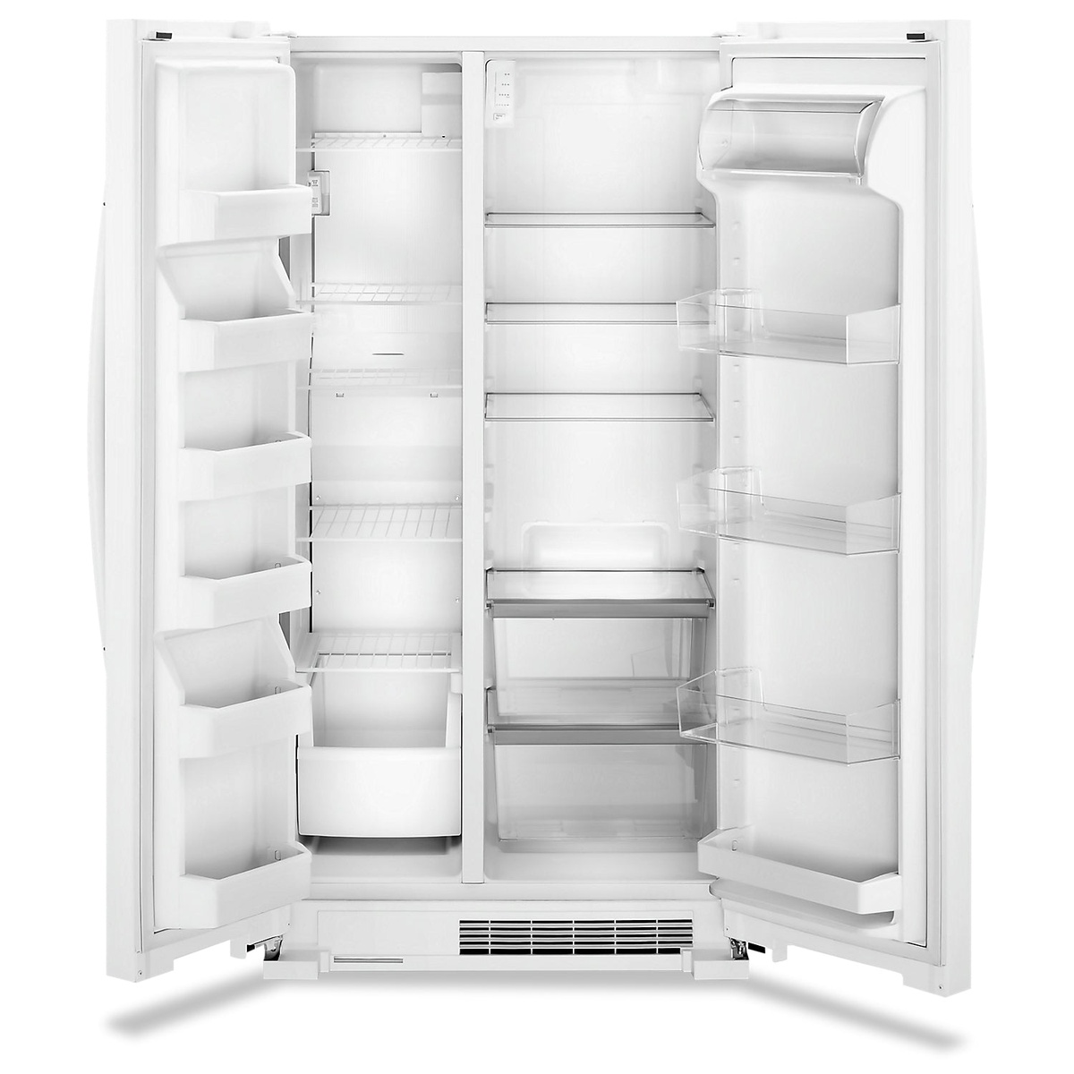 Interior view of Whirlpool side-by-side refrigerator showing LED lighting and shelf layout