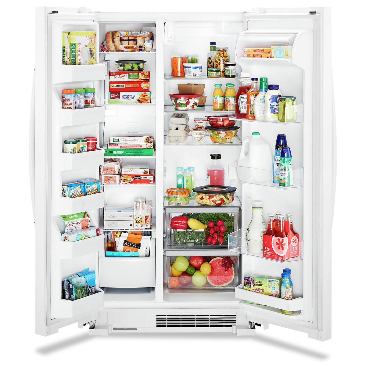 Whirlpool side-by-side refrigerator fully stocked showing gallon door bins and crispers