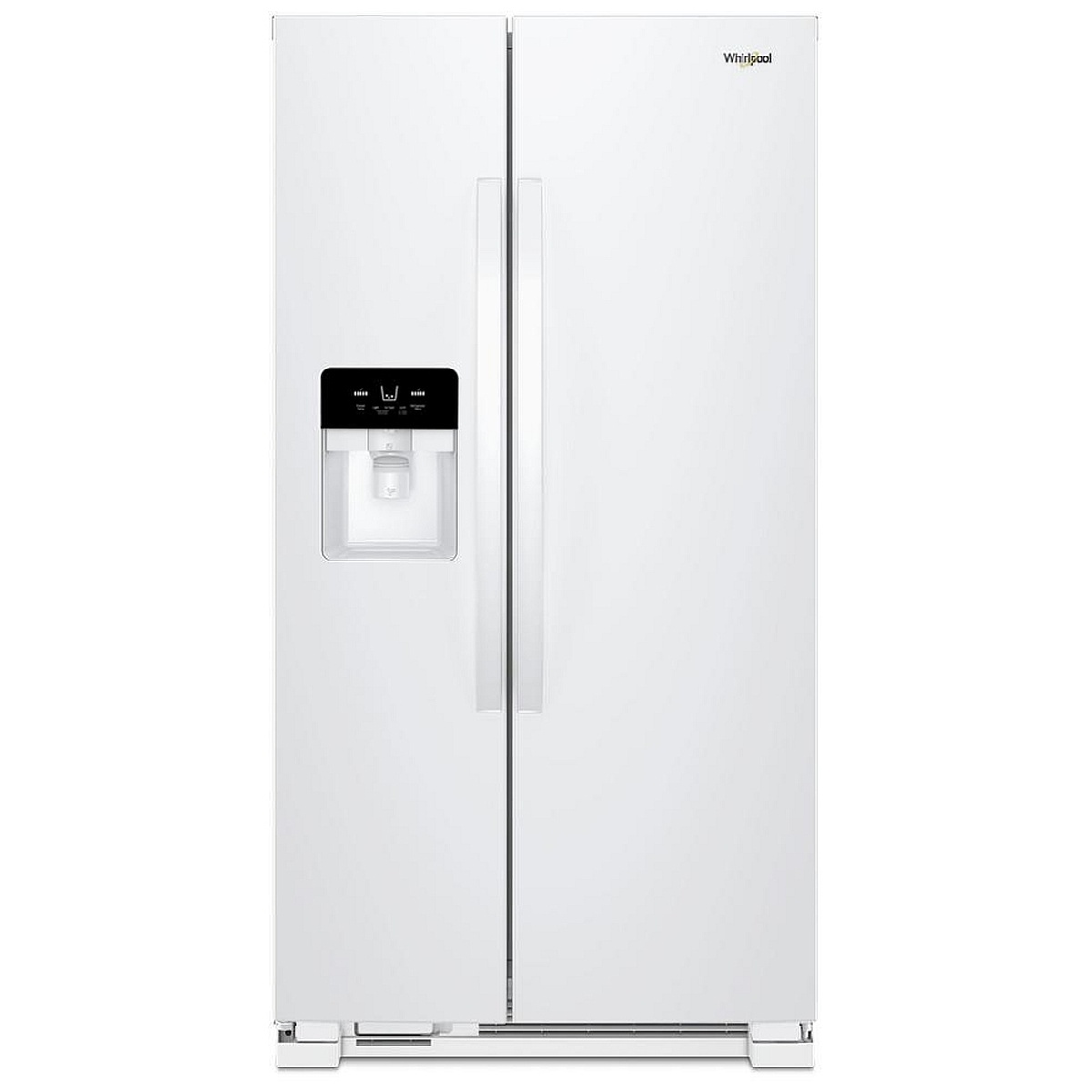 Front view of white Whirlpool side-by-side refrigerator with exterior ice and water dispenser.