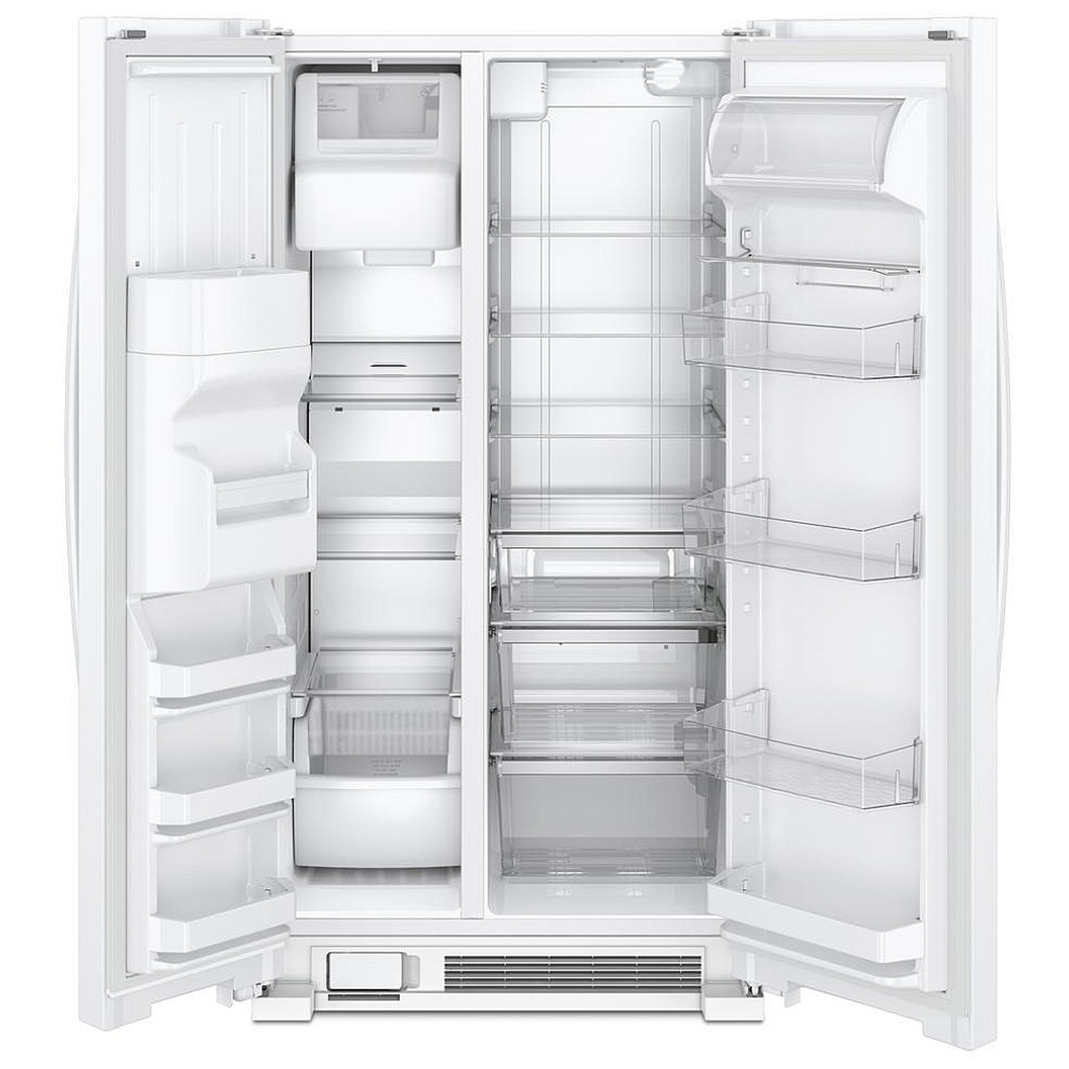 Interior of side-by-side refrigerator showing frameless glass shelves, door bins, deli drawer and freezer compartments.