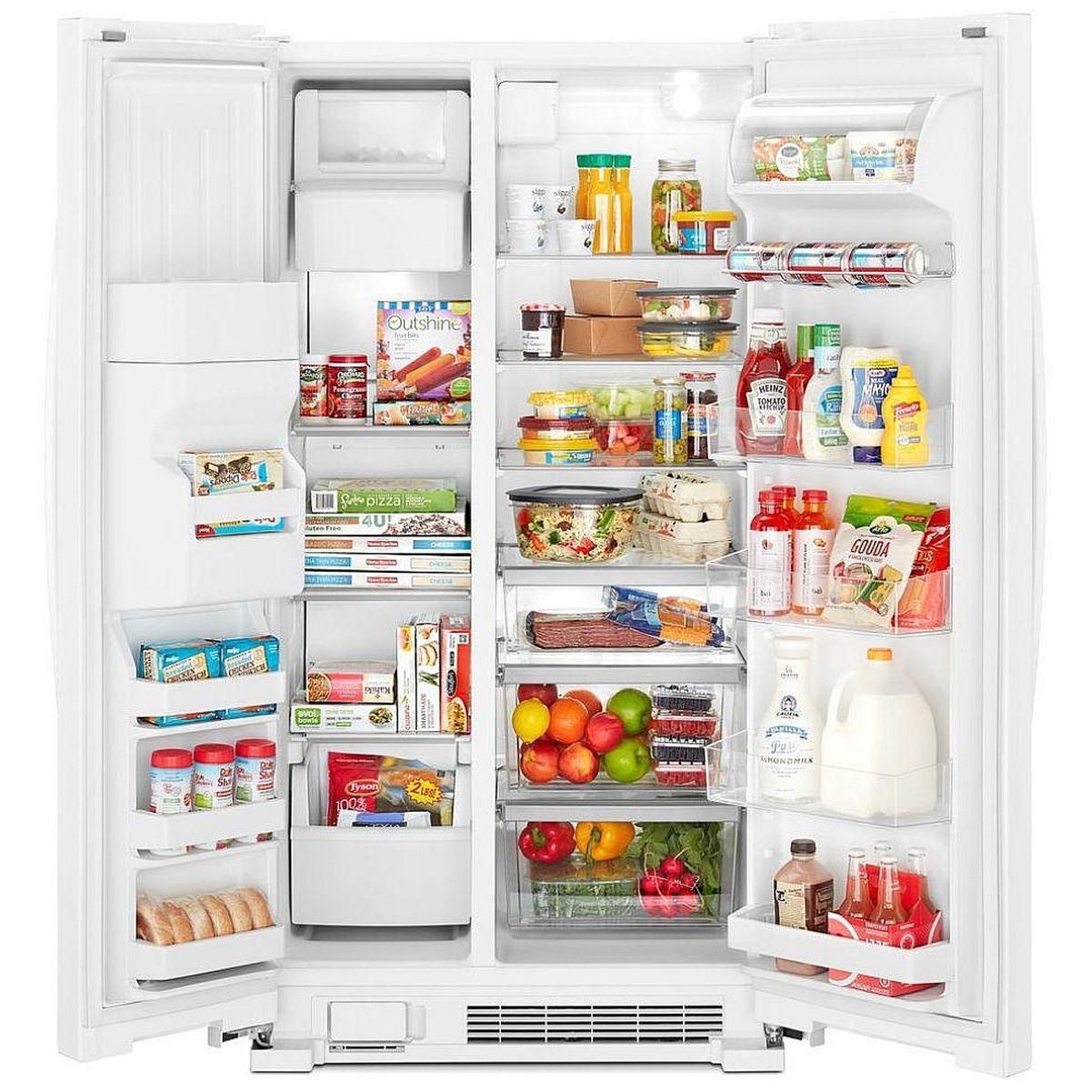 Stocked refrigerator door with in‑door can caddy holding beverage cans and shelves filled with food.