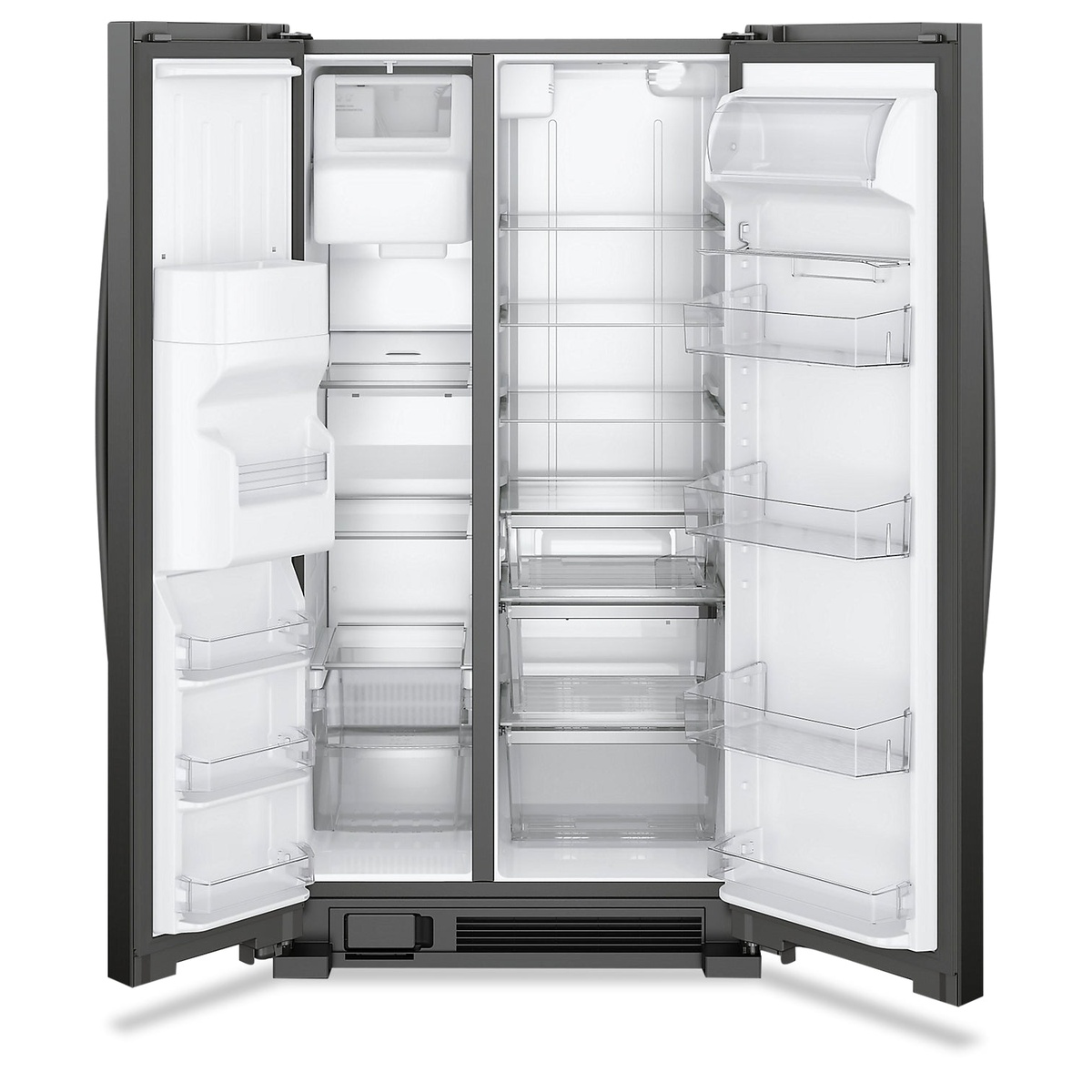 Empty interior view of Whirlpool side-by-side refrigerator and freezer compartments