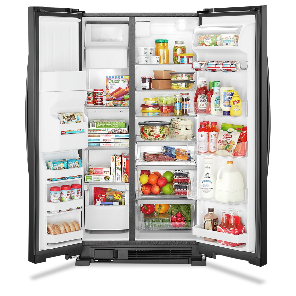 Interior packed with groceries showing can caddy, gallon door bins and glass shelves