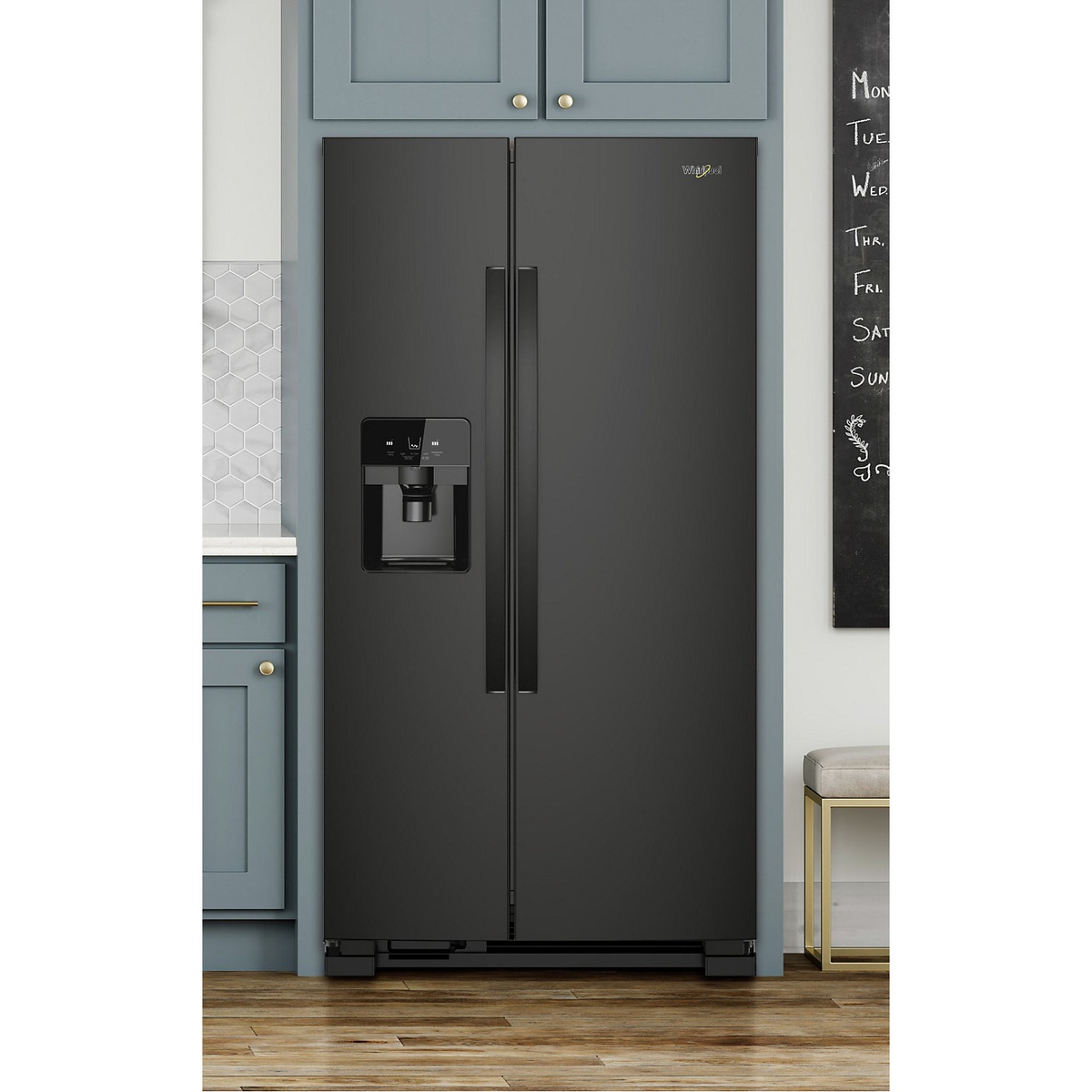 Lifestyle shot of Whirlpool refrigerator installed in a kitchen
