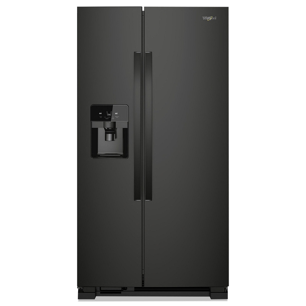 Black Whirlpool side-by-side refrigerator with exterior ice and water dispenser