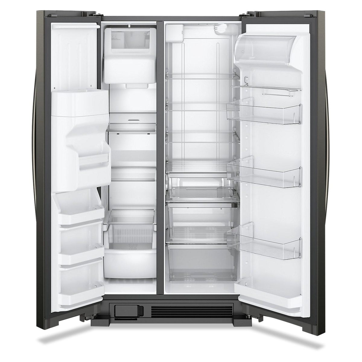 Open Whirlpool side-by-side refrigerator showing wall-to-wall shelves, crispers and door bins