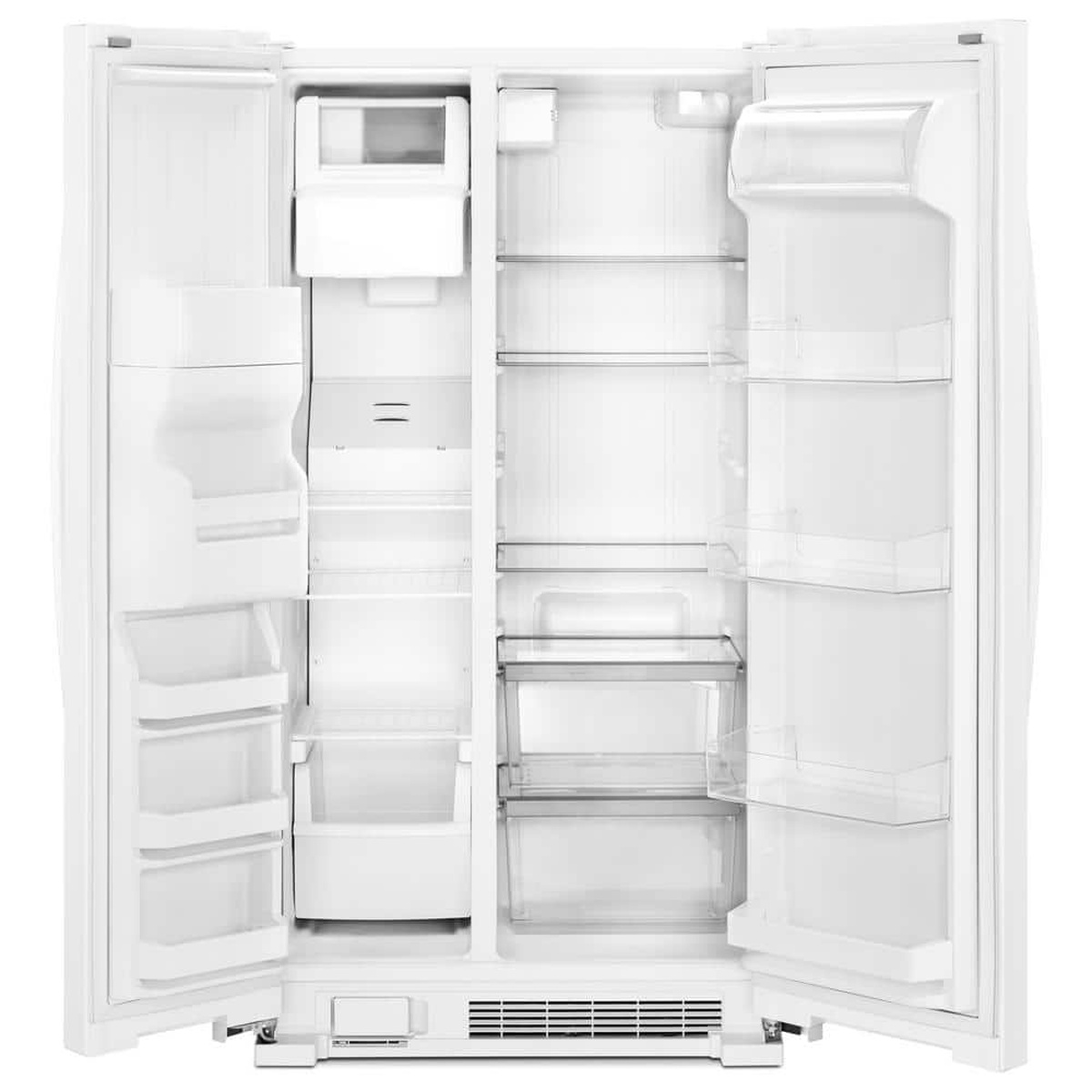 Open Whirlpool side-by-side refrigerator showing wall-to-wall glass shelves, crisper drawers and door storage