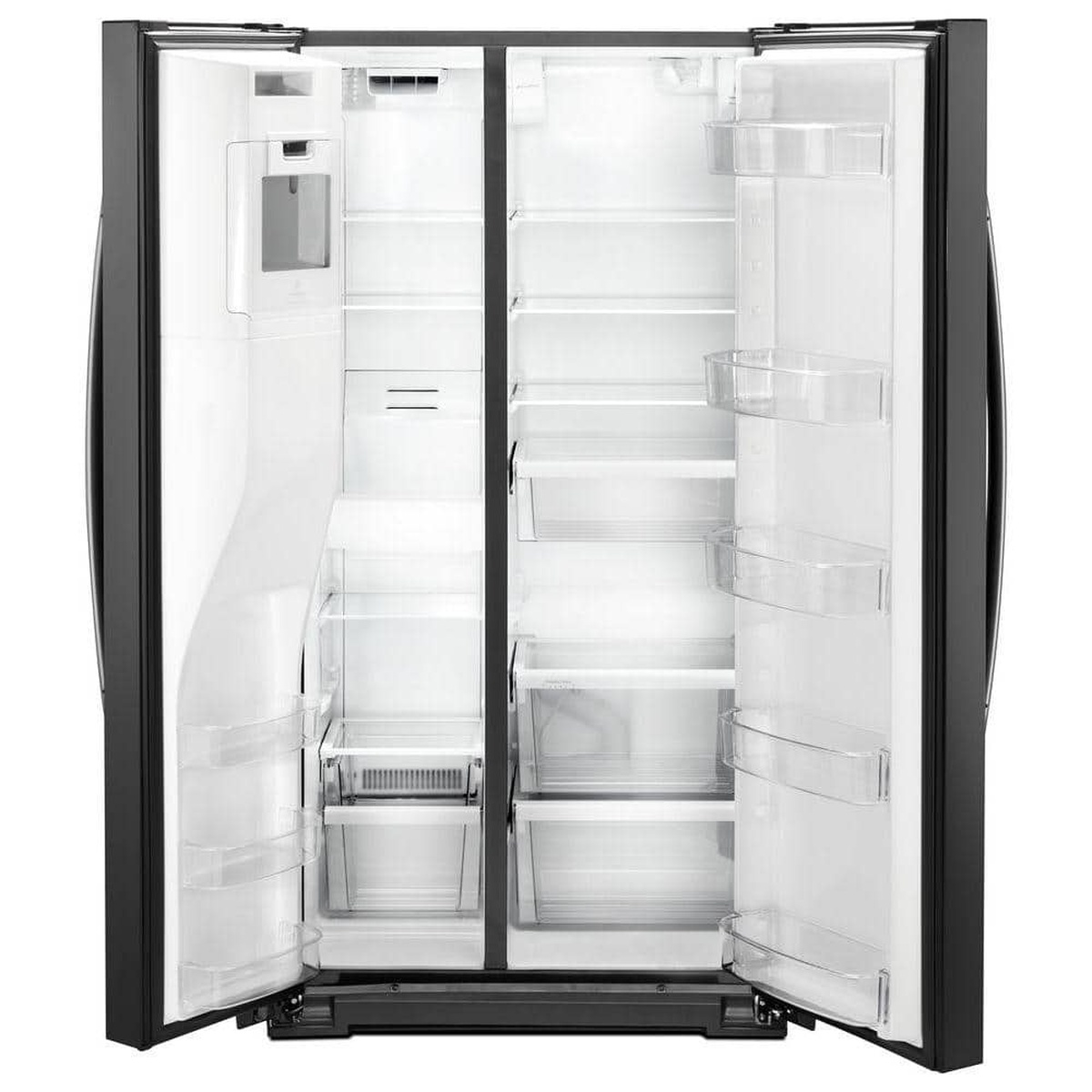 Open Whirlpool side-by-side refrigerator showing organized shelves and door bins