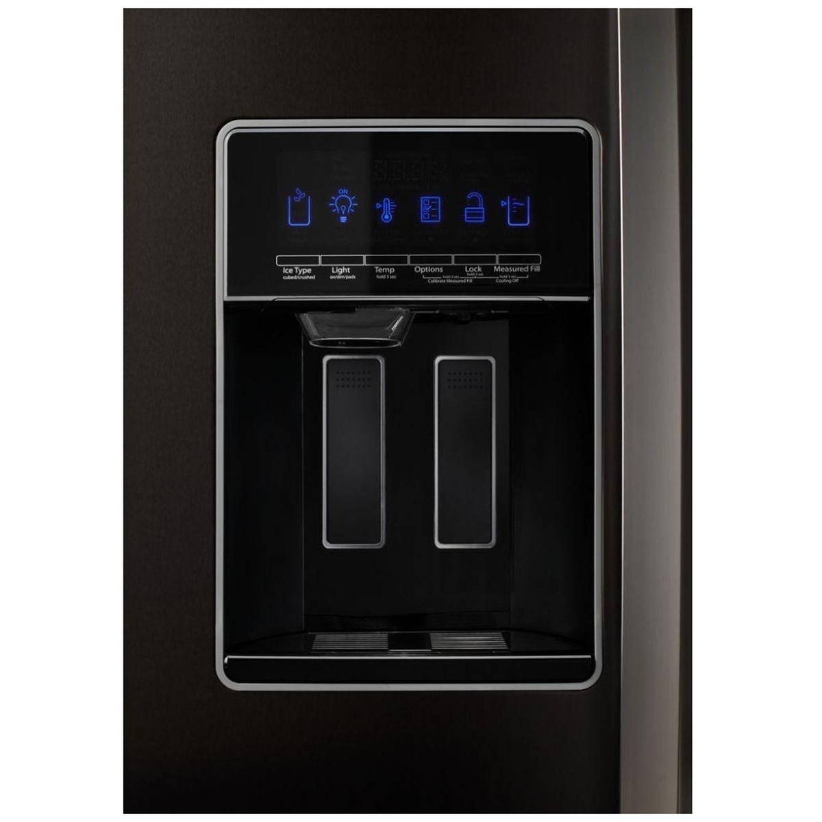 Close-up of the exterior dispenser with backlit touch controls for water and ice.